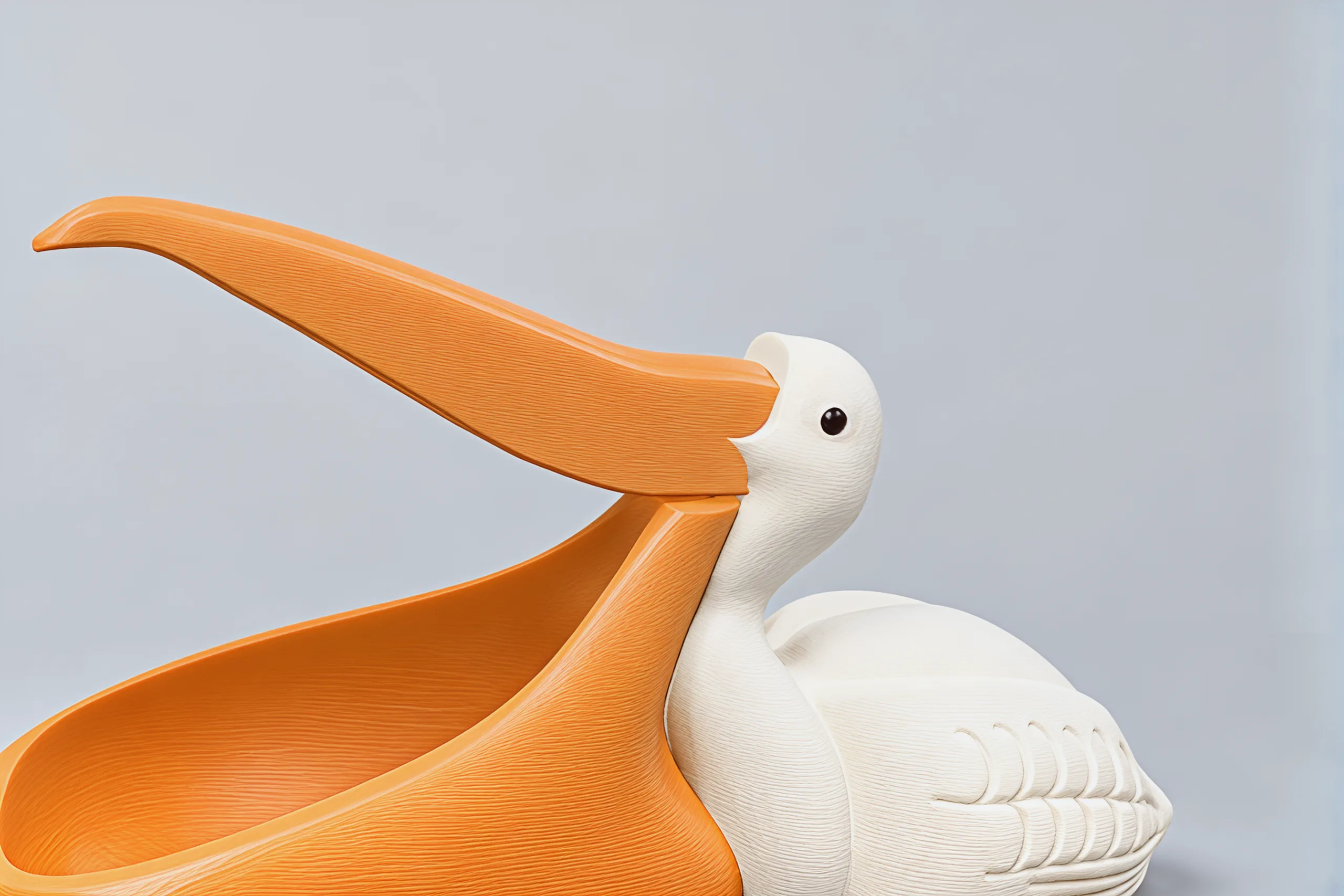 The pelican at eye level: the black eye on the round cream head, the beak lifted above the pouch