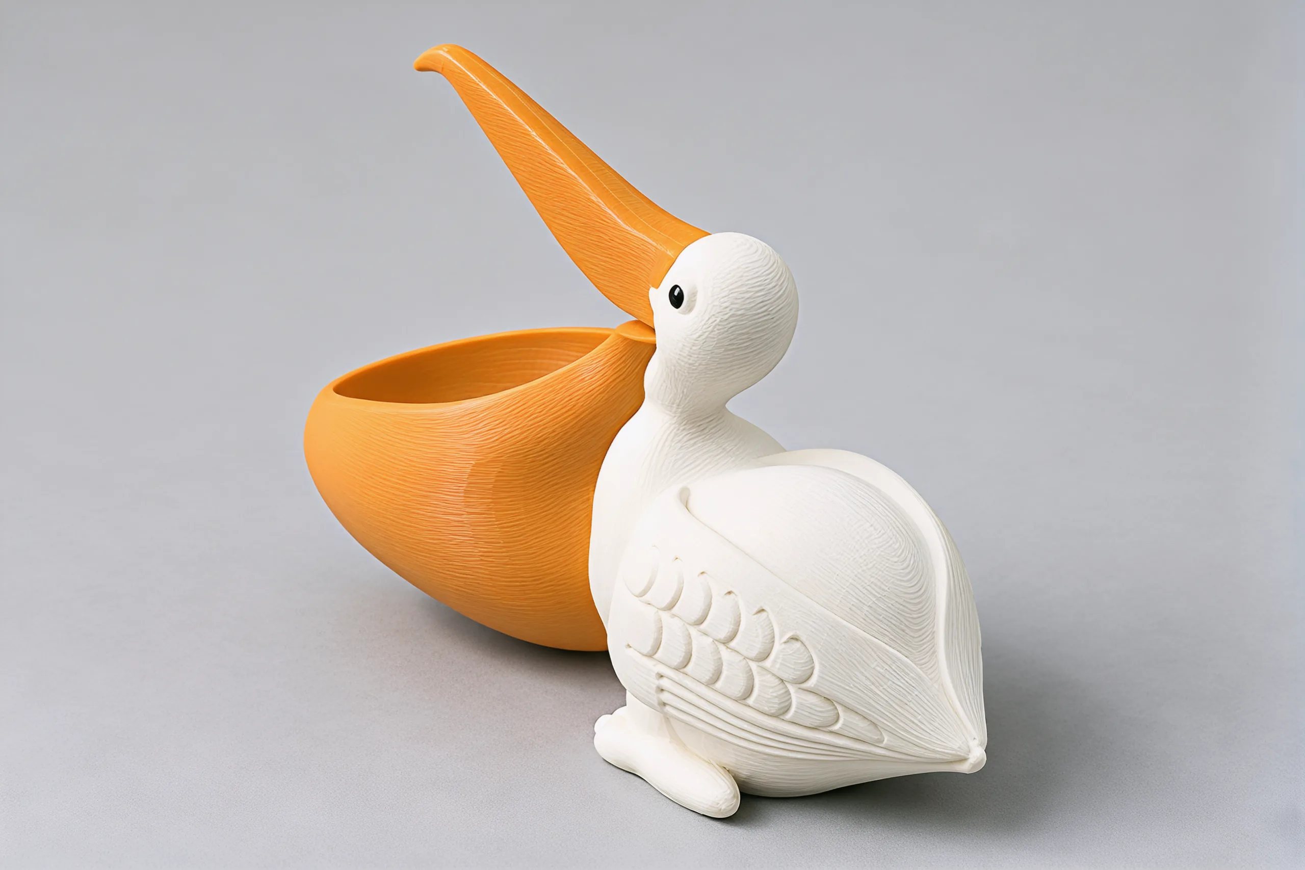 The pelican from behind its left shoulder: wing and tail in front, the orange beak raised over the pouch beyond