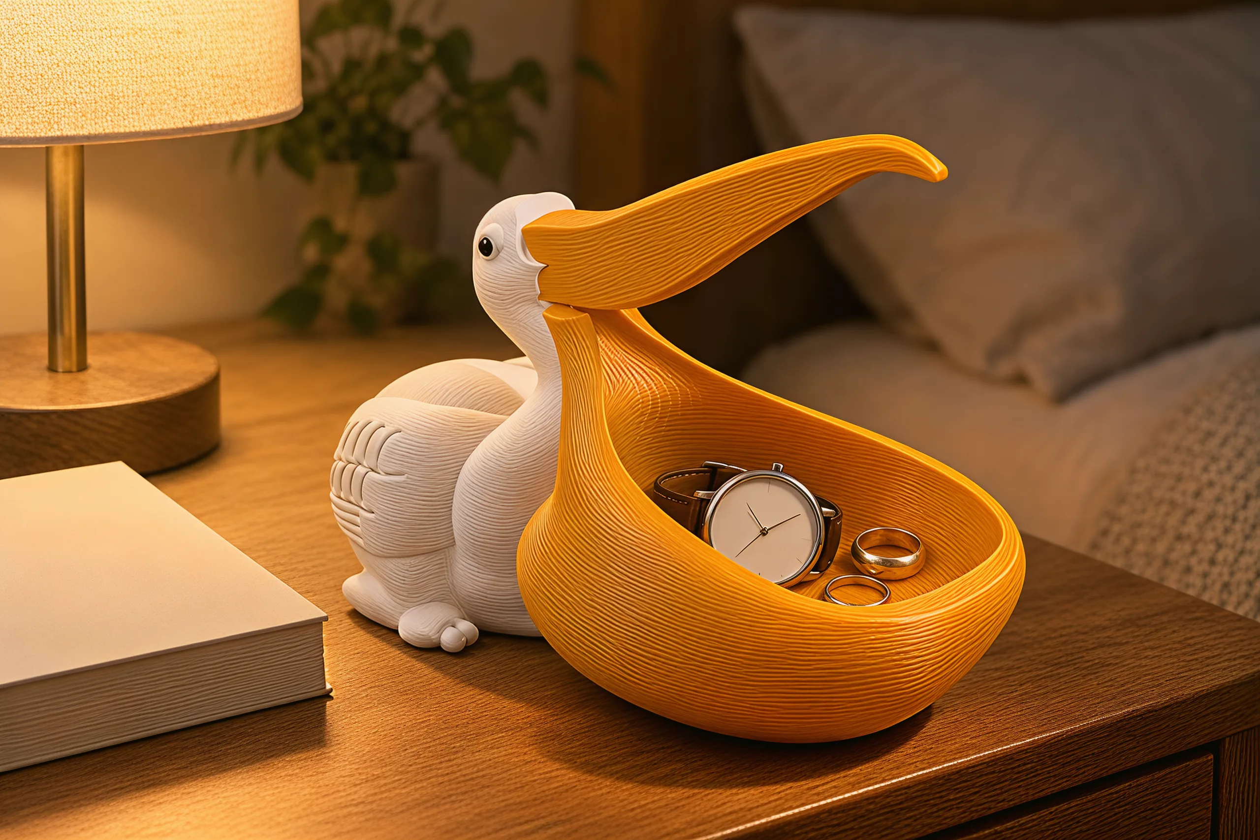 The pelican on a nightstand under a reading lamp, a wristwatch and two rings in its pouch
