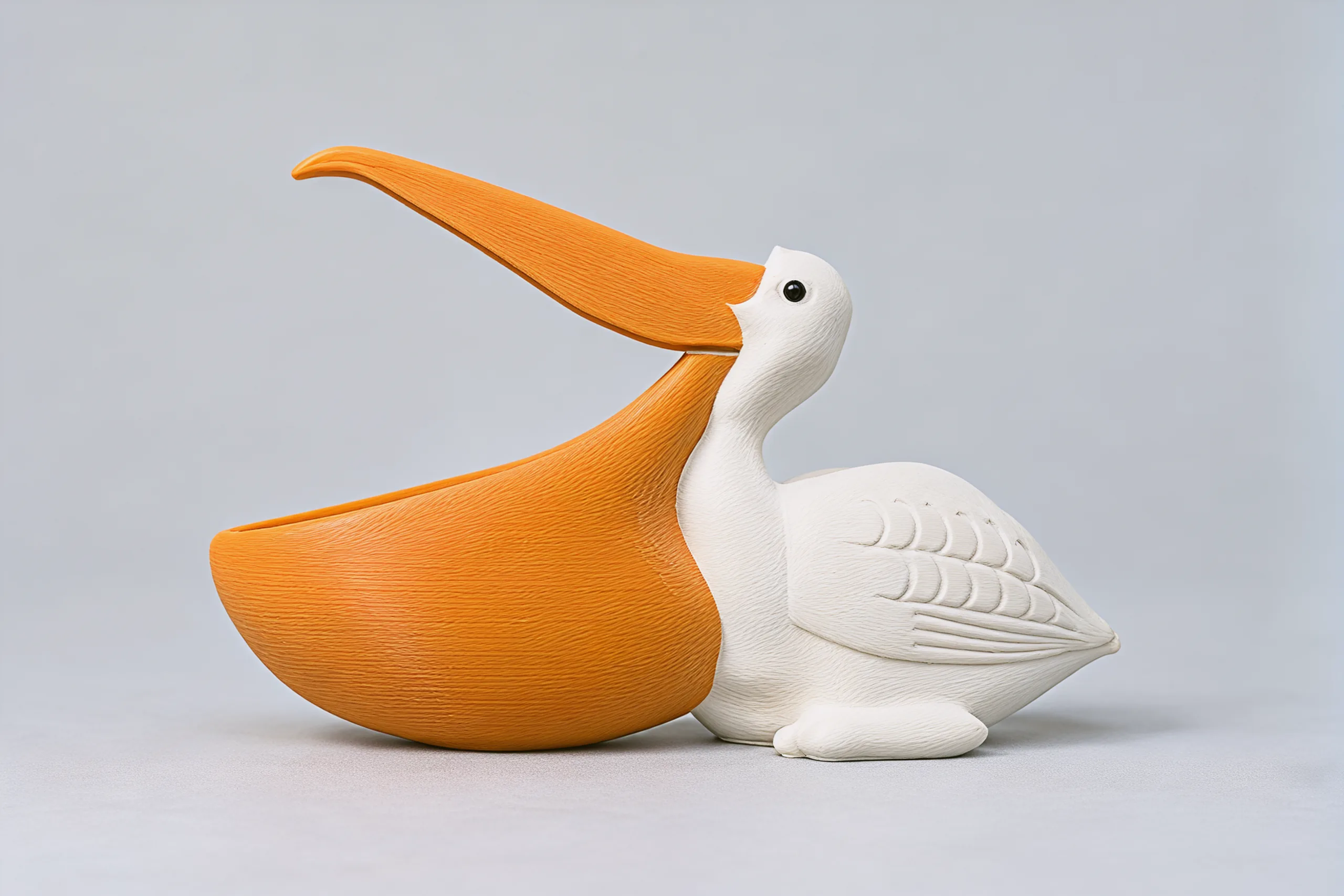 The pelican side on: the long beak raised over the pouch, the S-curved neck, a folded wing with carved feathers and a pointed tail