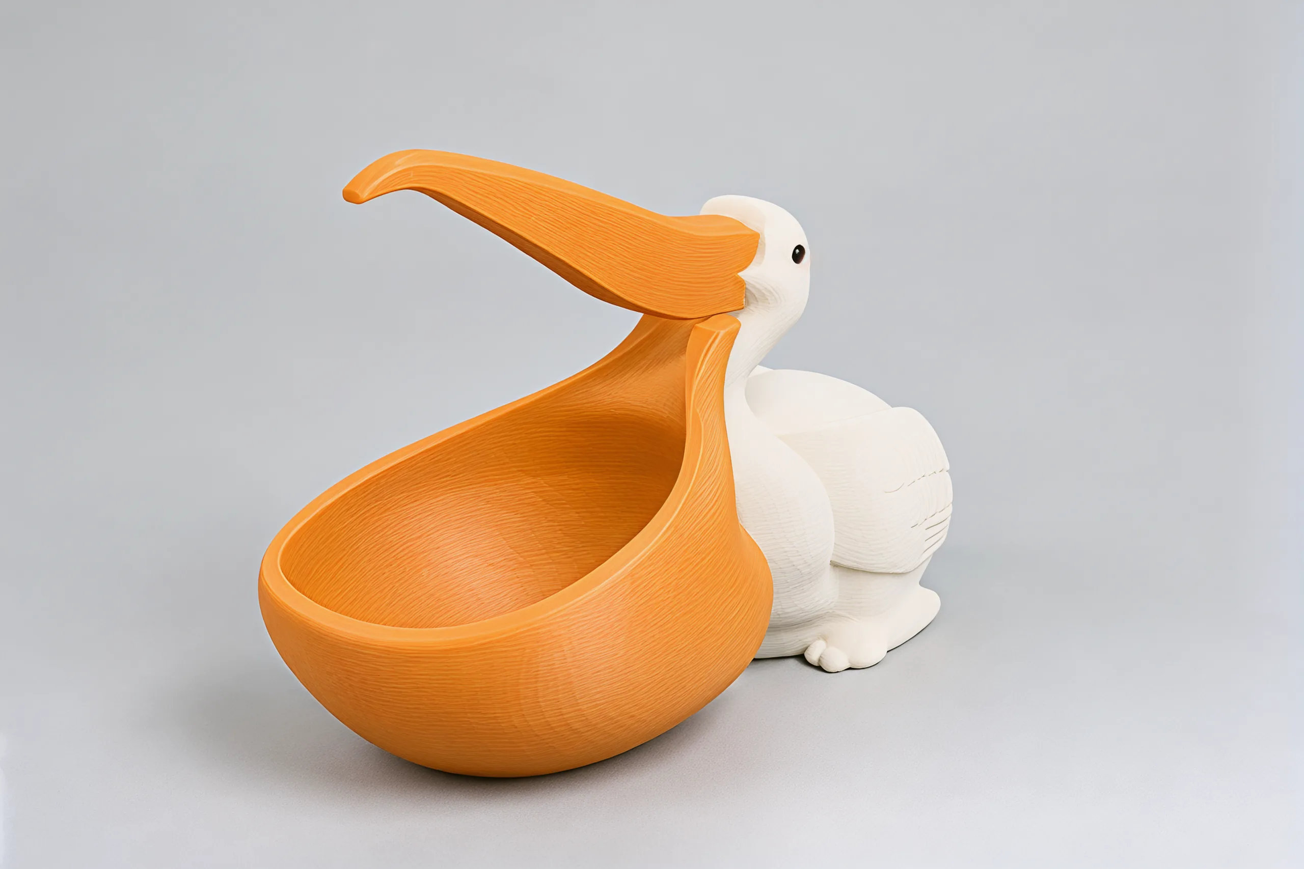 The pelican on a plain grey backdrop: a deep orange pouch in front, the cream-white bird sitting behind it, the orange upper beak raised high