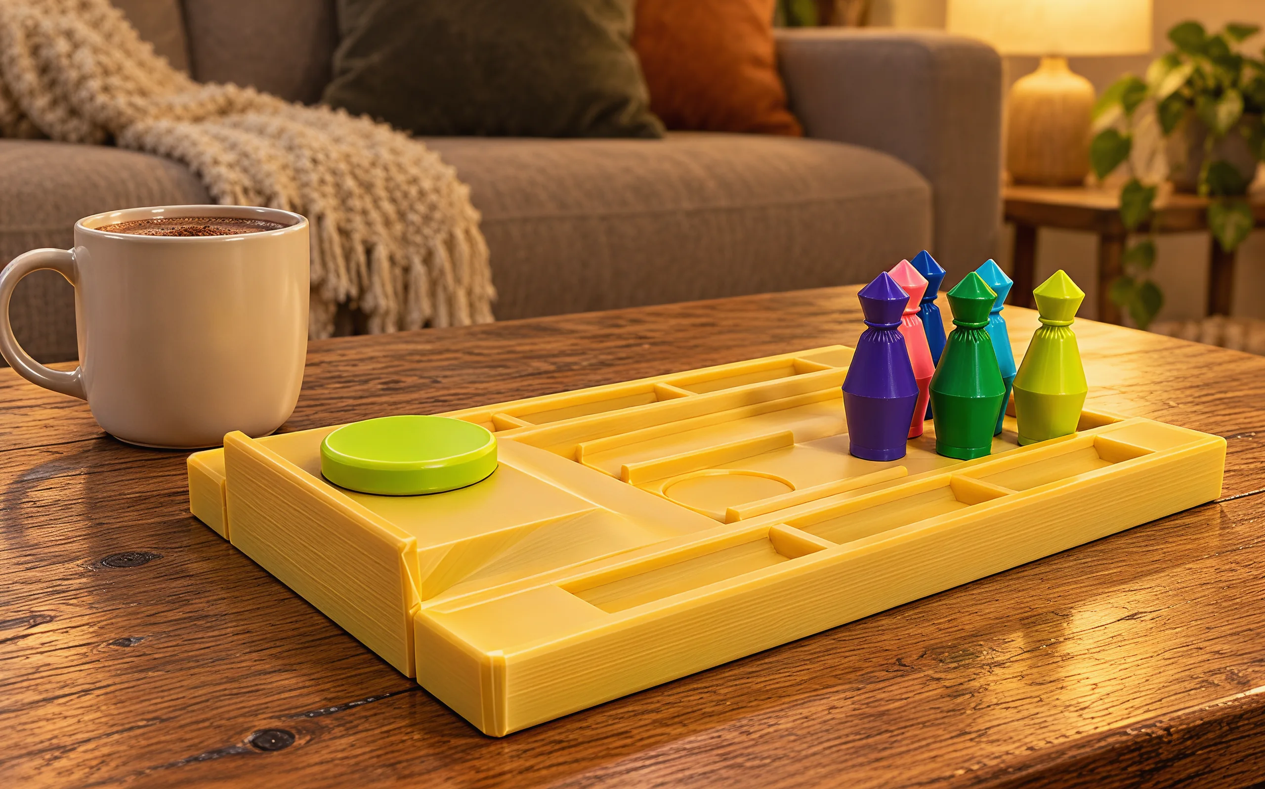 The tray on a wooden coffee table beside a mug of cocoa, the disc on the launch pad and the pins set at the far end