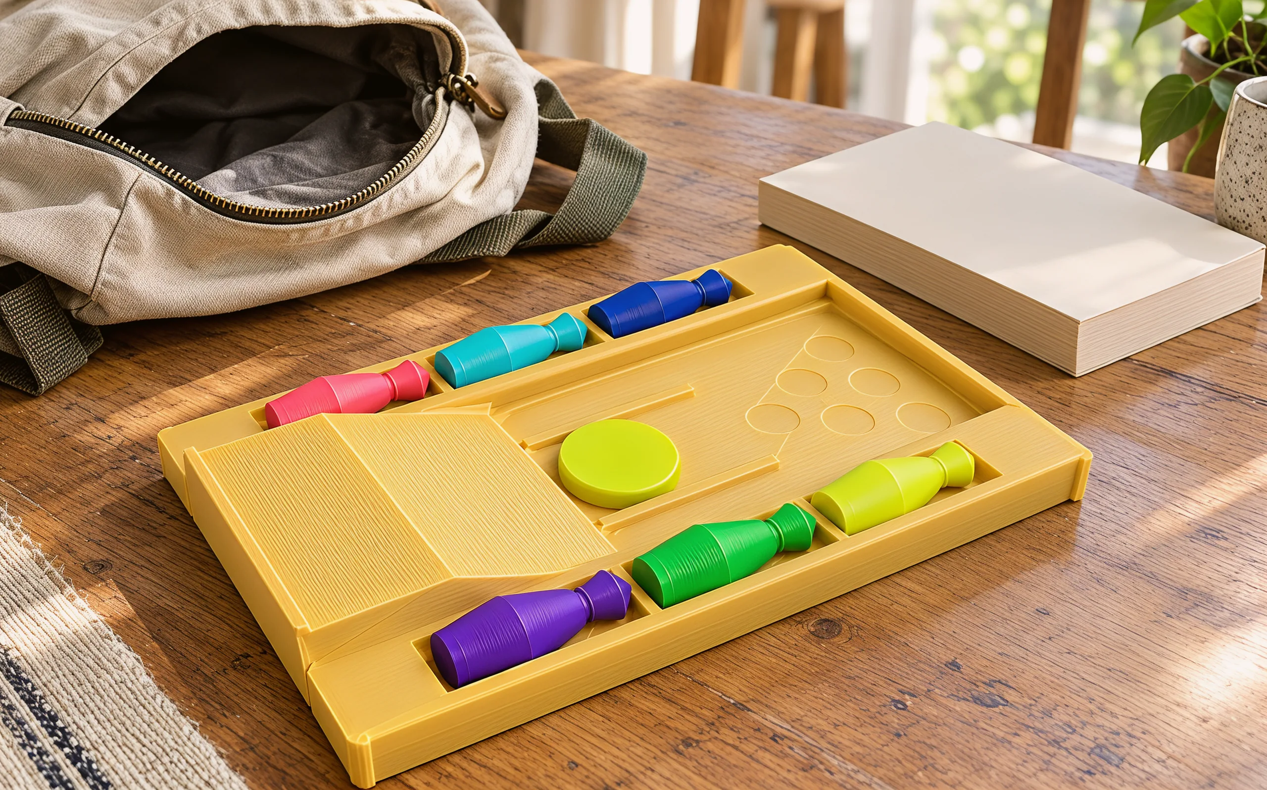 The packed tray on a kitchen table next to an open canvas backpack: three pins in each side trough, the disc in its pocket