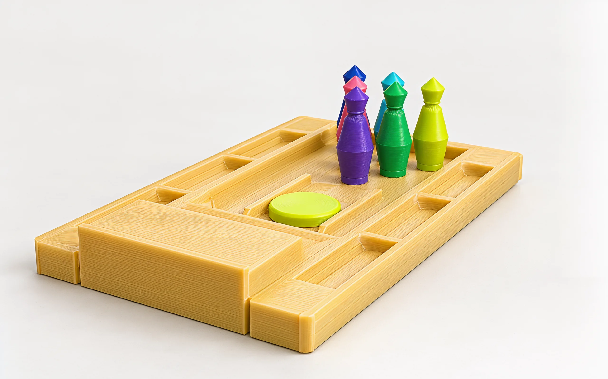 The whole set from the player's end: launch pad and ramp in front, the lane, and six pins in purple, pink, navy, green, cyan and yellow-green