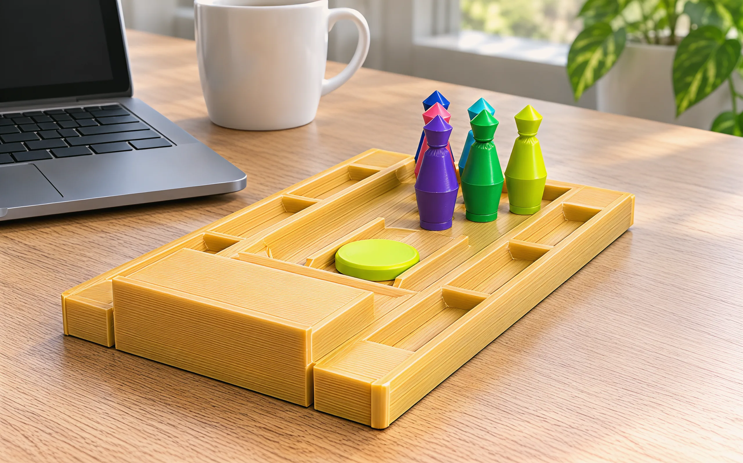 The bowling tray on a wooden desk beside a laptop and a white mug, six coloured pins standing at the far end and the yellow-green disc in its pocket