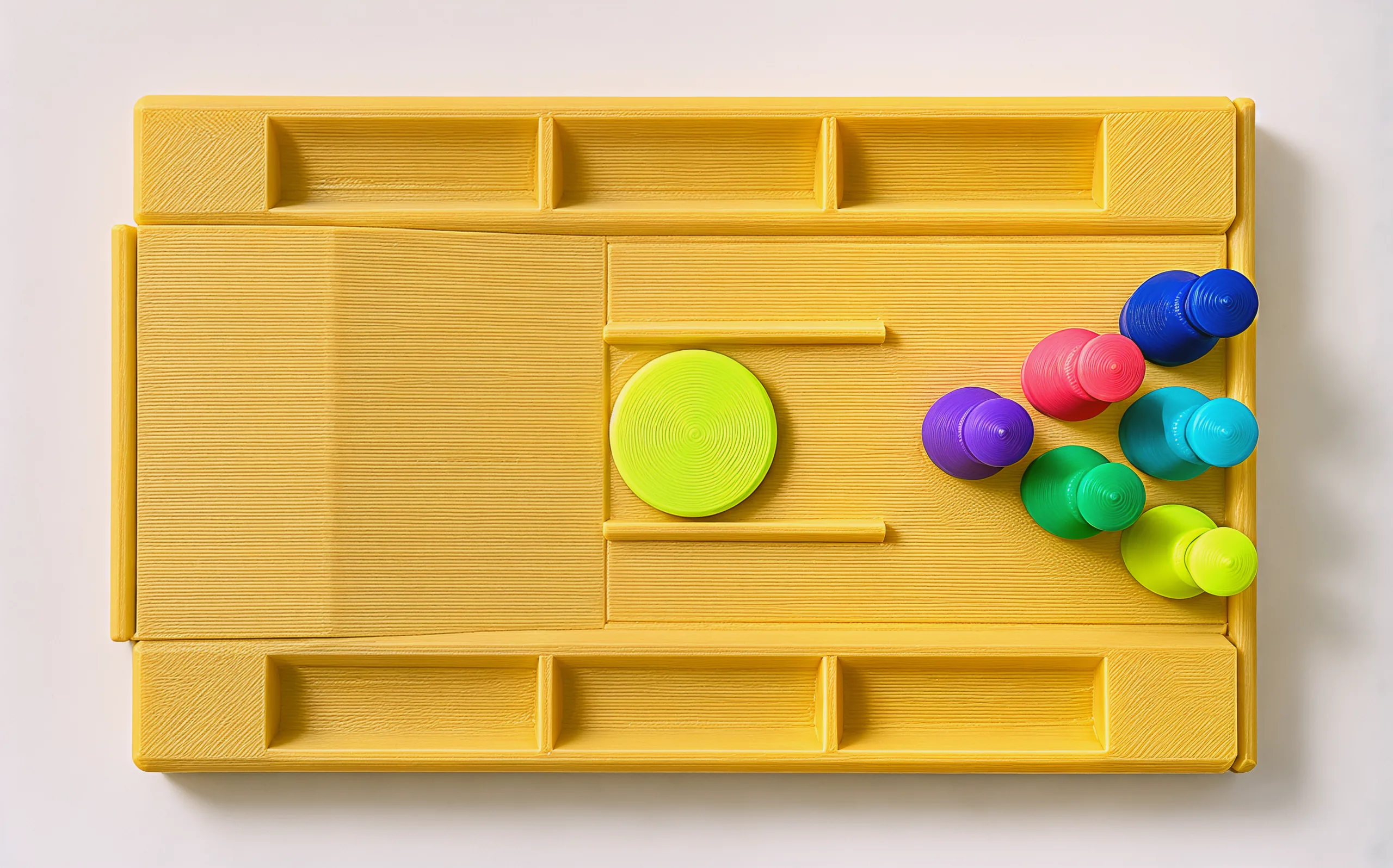 Looking straight down on the tray: launch pad on the left, the disc in its pocket mid-lane, six pins in a triangle on the right