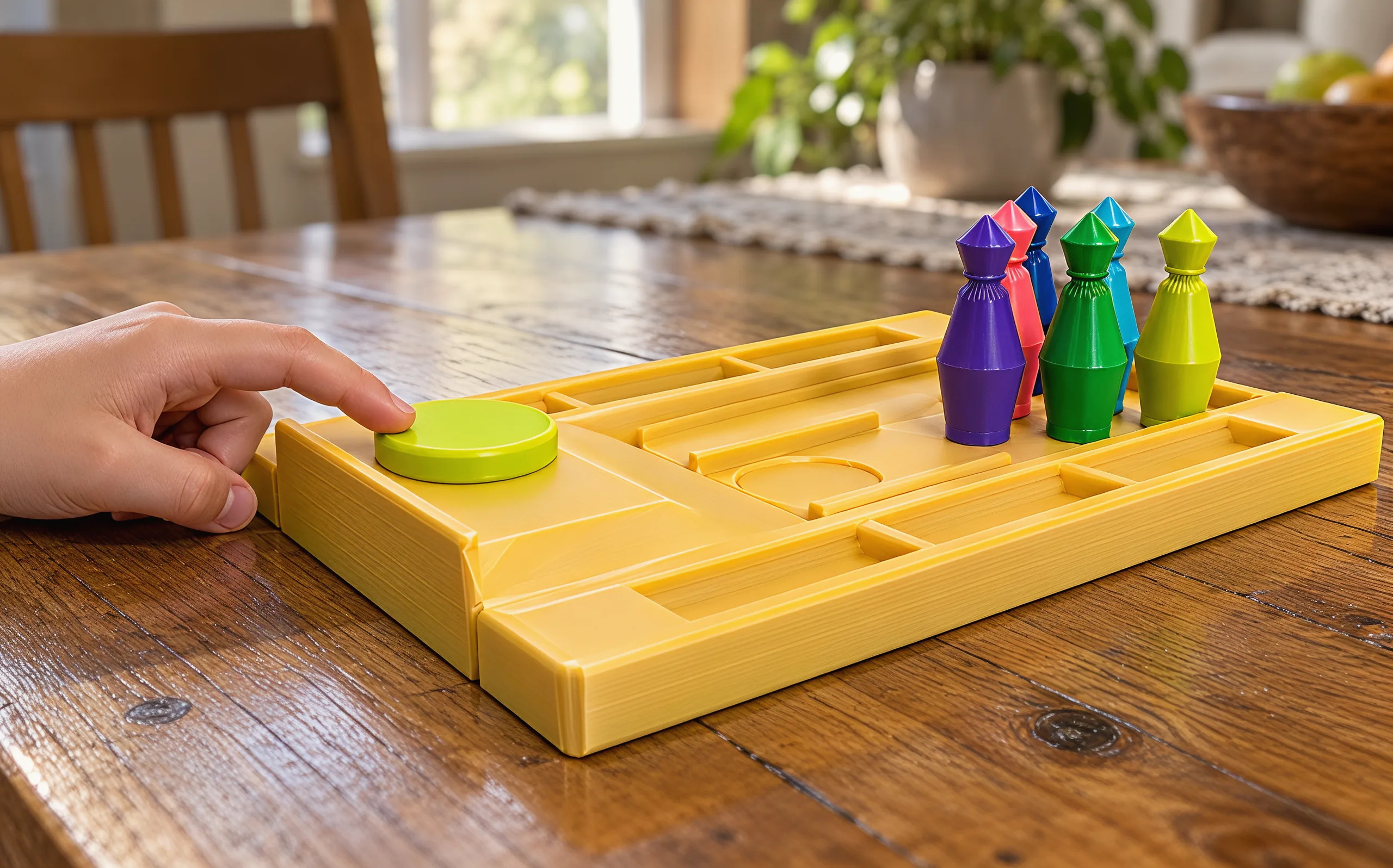 A fingertip on the disc at the top of the launch pad, the pins waiting at the far end of the lane on a dining table
