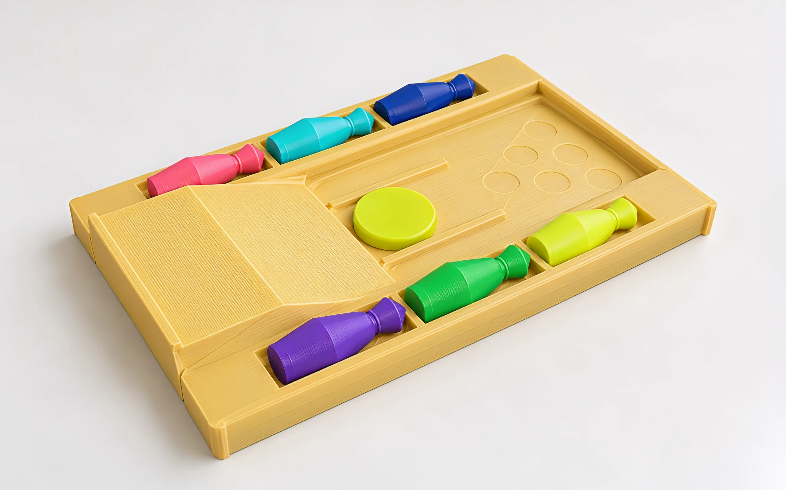 Packed: three pins lying in each side trough, the disc in its pocket, the pin spots marked on the empty lane