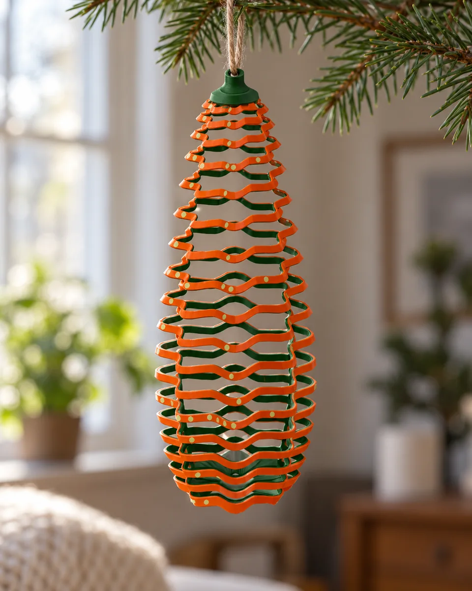 The pumpkin stretched open, hanging from twine on an evergreen branch in daylight