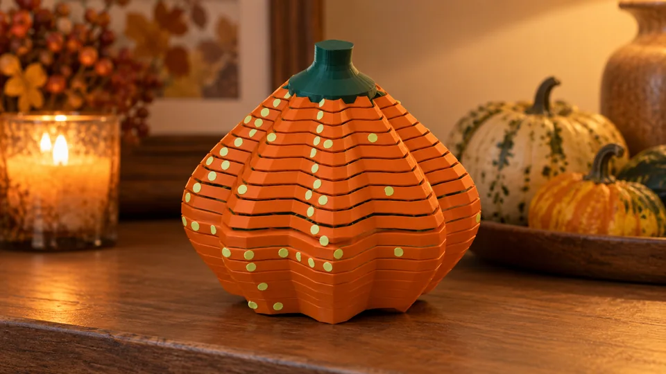 The closed pumpkin on a wooden shelf beside a lit candle, with autumn gourds behind it