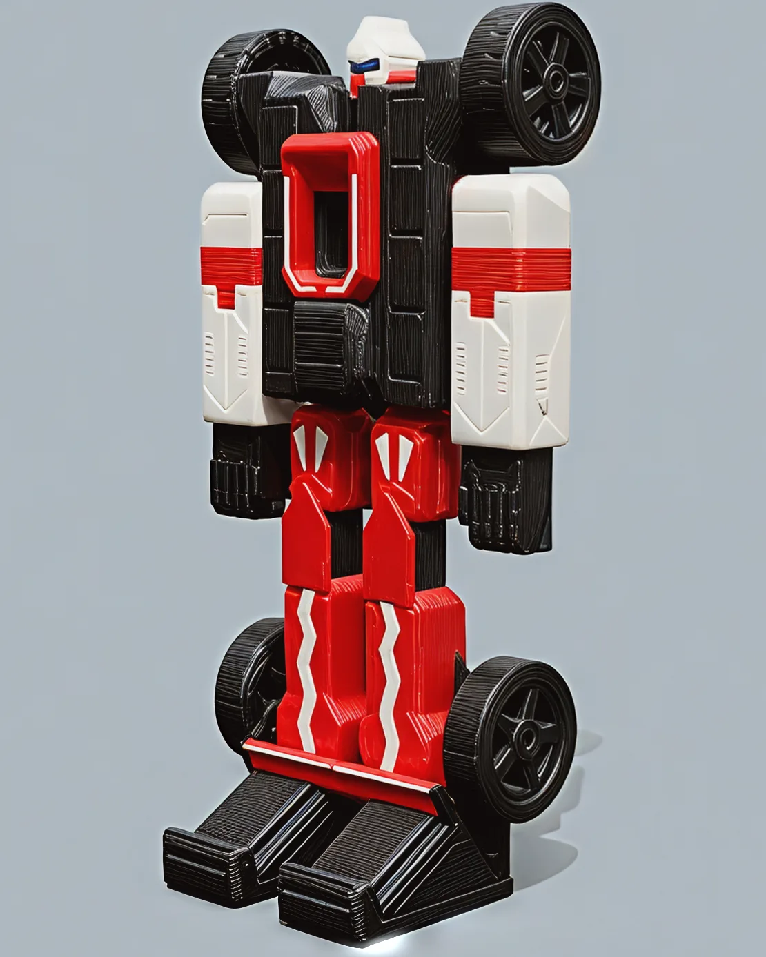 The robot standing on its wedge boots: white arms with red bands, a black chest ringed by a red halo, front wheels on its shoulders and rear wheels at its shins.