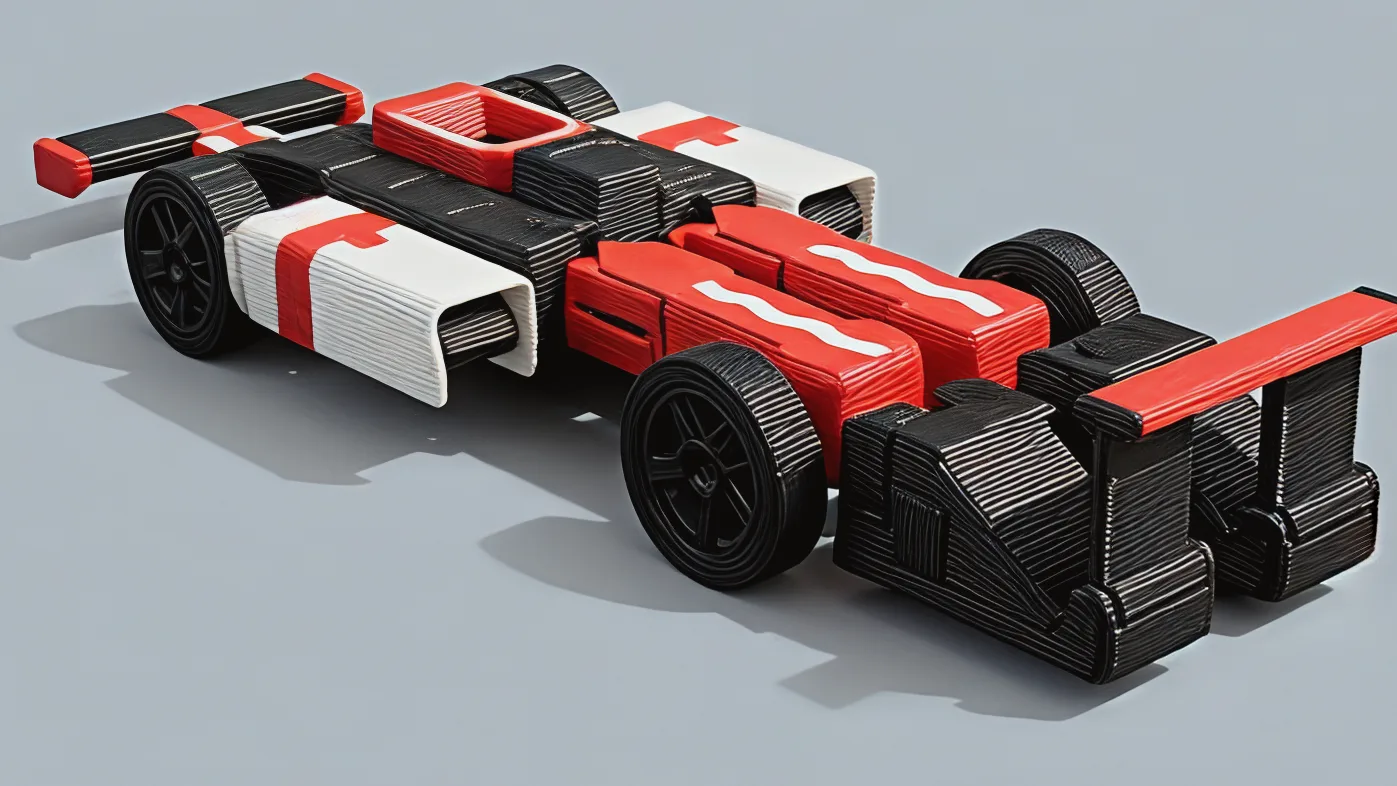 The same toy as an open-wheel race car: red nose and front wing ahead, the halo over the cockpit, white sidepods and a red rear wing over the tail.