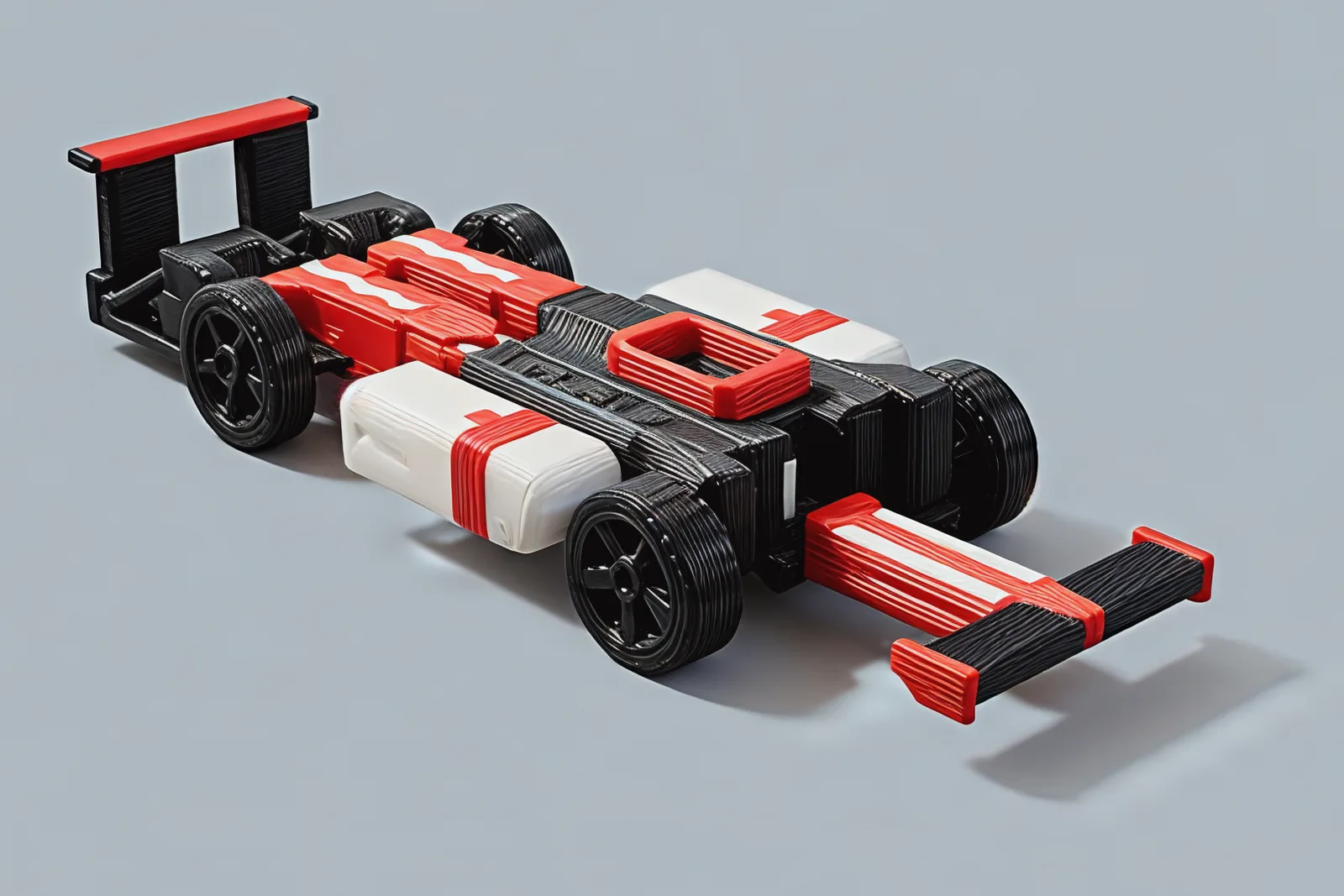 The race car from above at three quarters: front wing and red nose ahead, cockpit and halo in the middle, rear wing on two black uprights.
