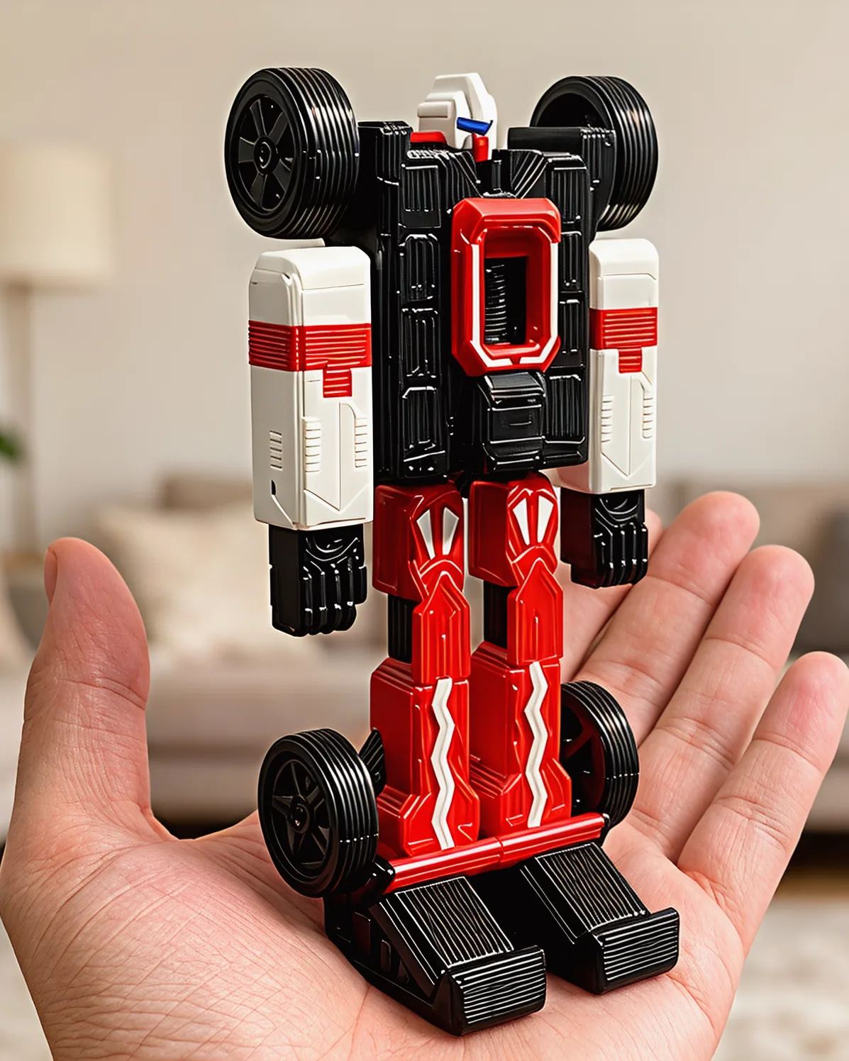The robot held upright in an open palm, its boots resting on the hand, a softly blurred living room behind.