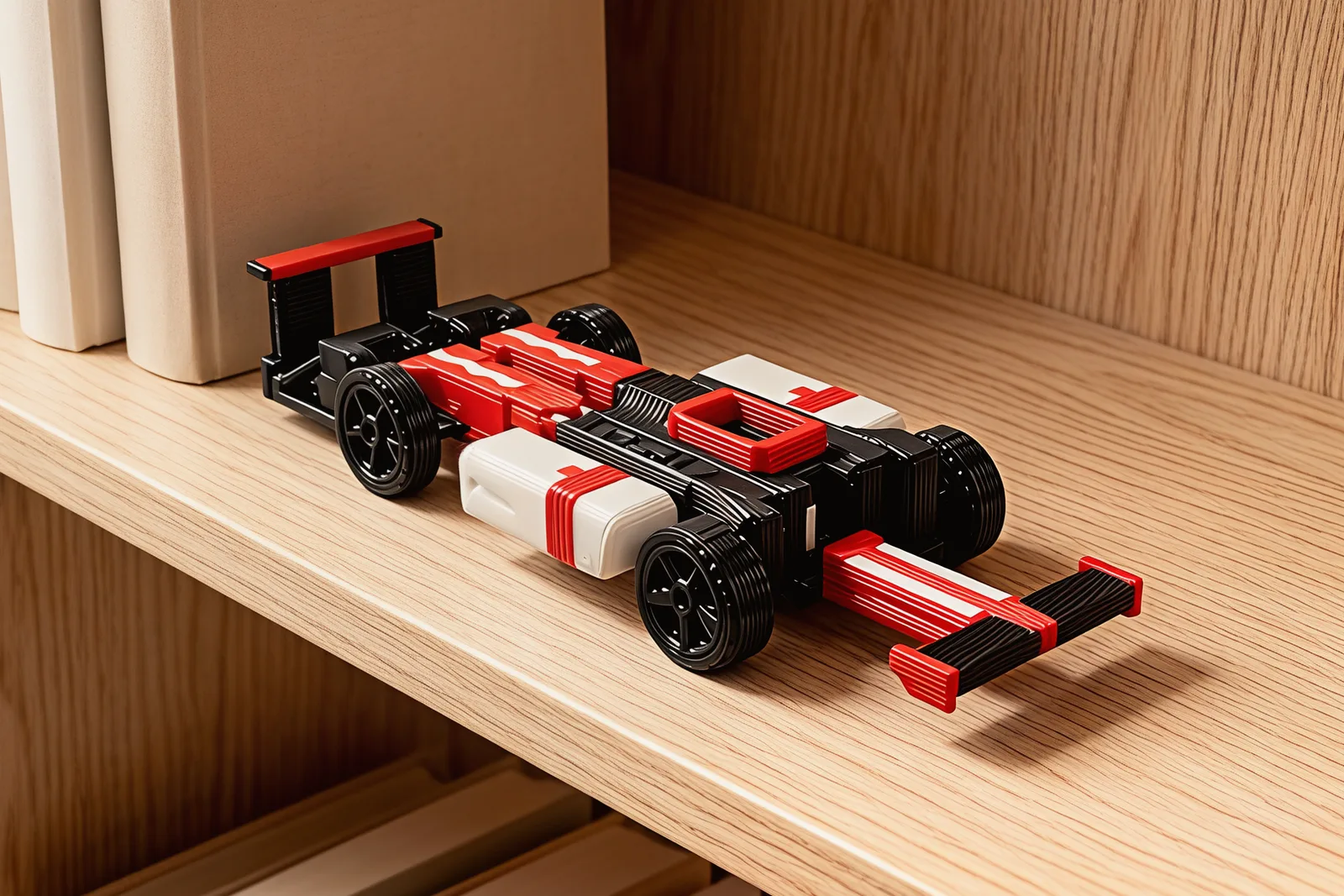 The race car parked on a light oak bookshelf beside plain white books.
