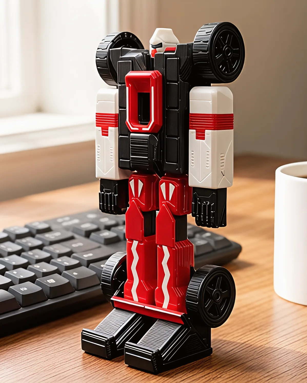 The robot standing on a wooden desk between a black keyboard and a white coffee mug, more than twice the mug's height.