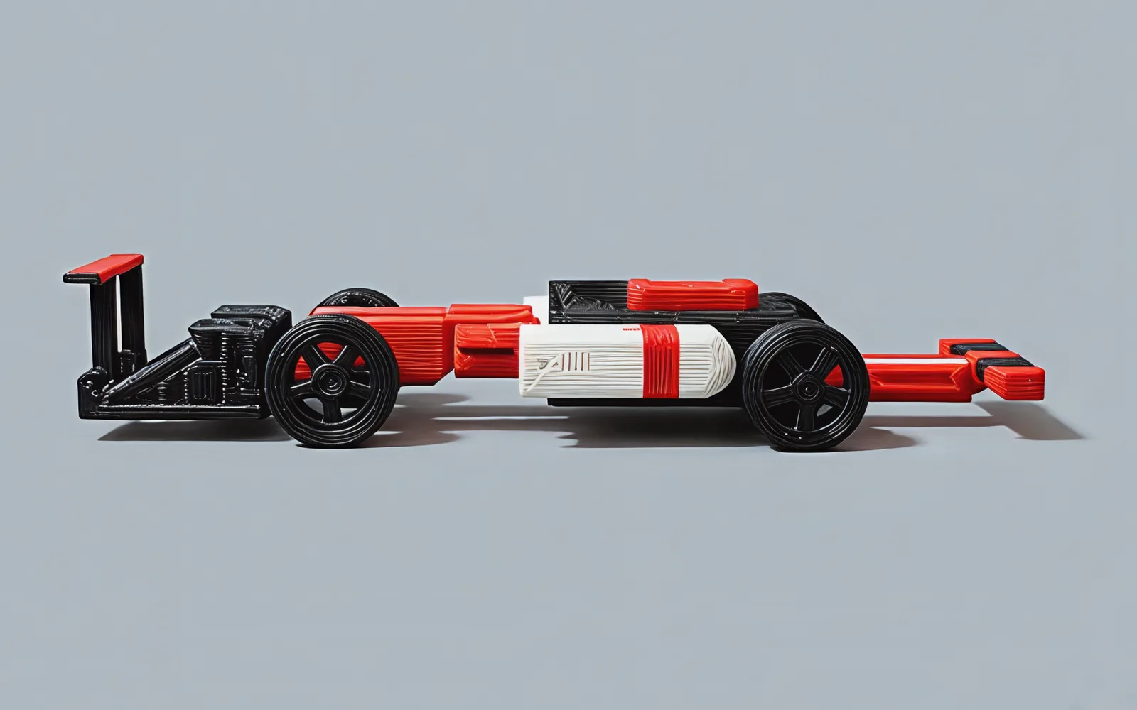 The race car in profile: long red nose, cockpit, white sidepod, and the rear wing standing over the tail.