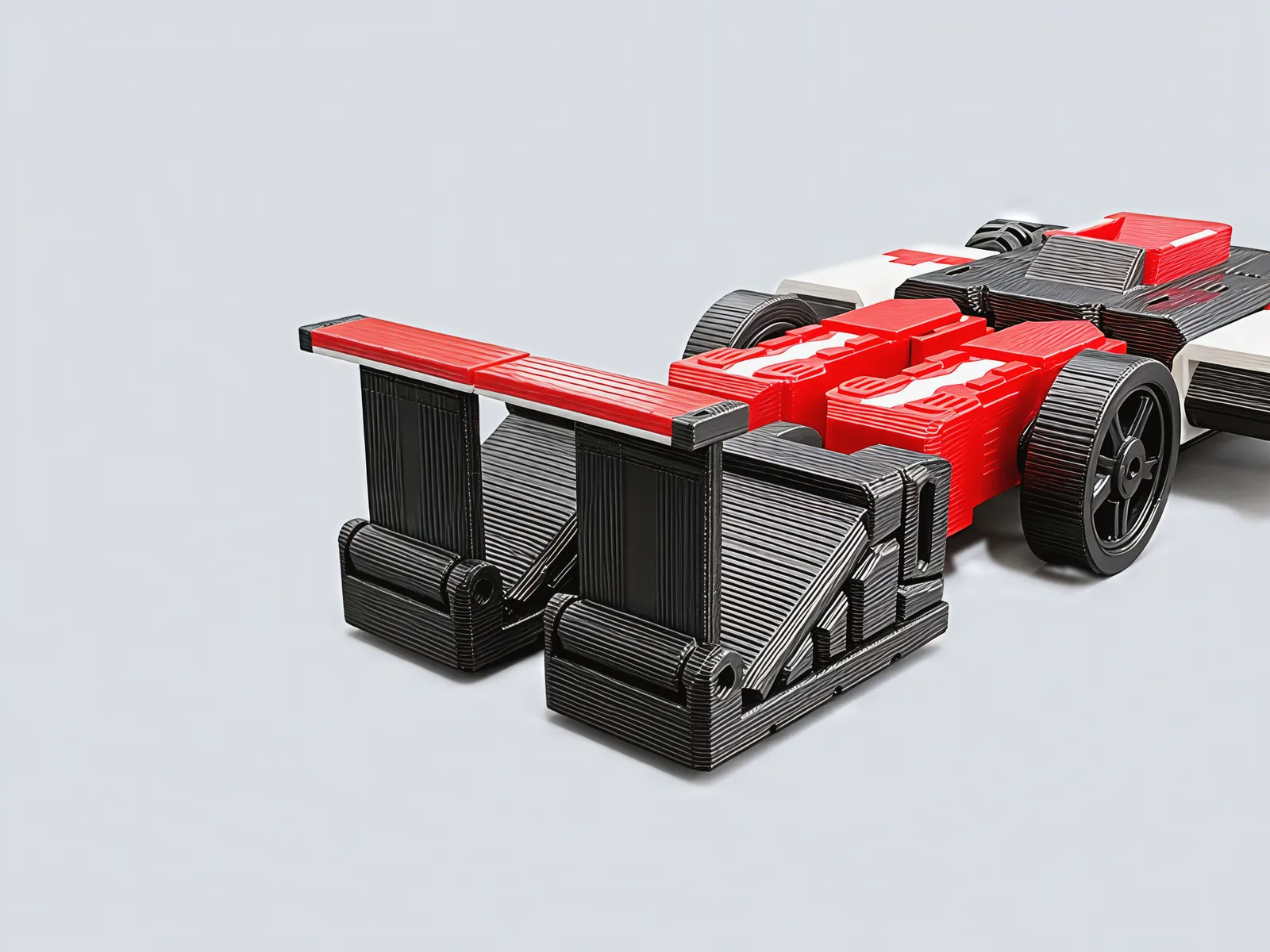 Close view of the rear wing standing on the two folded boots, with the hinge rollers at the toes.