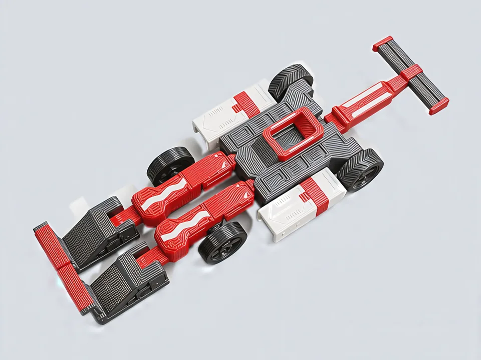 Racer Mecha in car mode seen from above: nose and front wing at one end, rear wing on the folded boots at the other.
