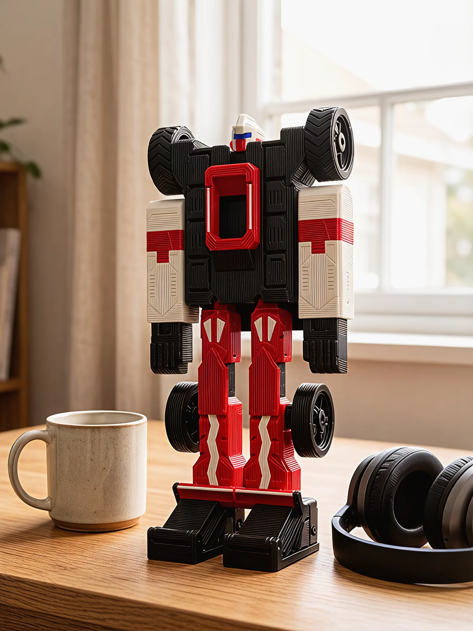 Racer Mecha standing in robot mode on a wooden desk between a coffee mug and a pair of headphones, window light behind.
