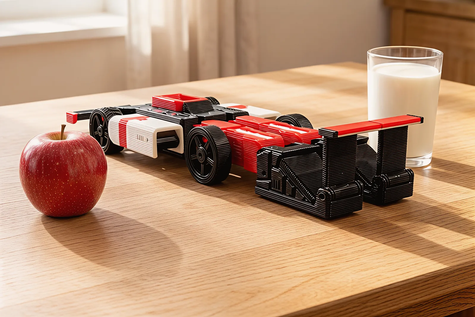 Racer Mecha in car mode on a wooden kitchen table between a red apple and a glass of milk.