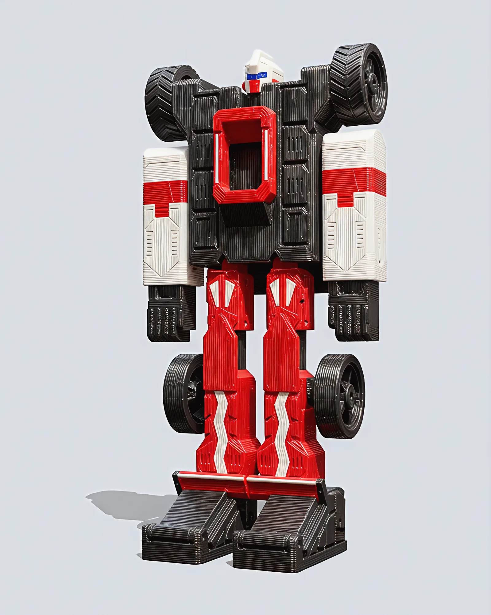 Racer Mecha standing in robot mode: gunmetal chest with a red halo, white arm shells, red legs and wedge boots, with car wheels on its shoulders and knees.