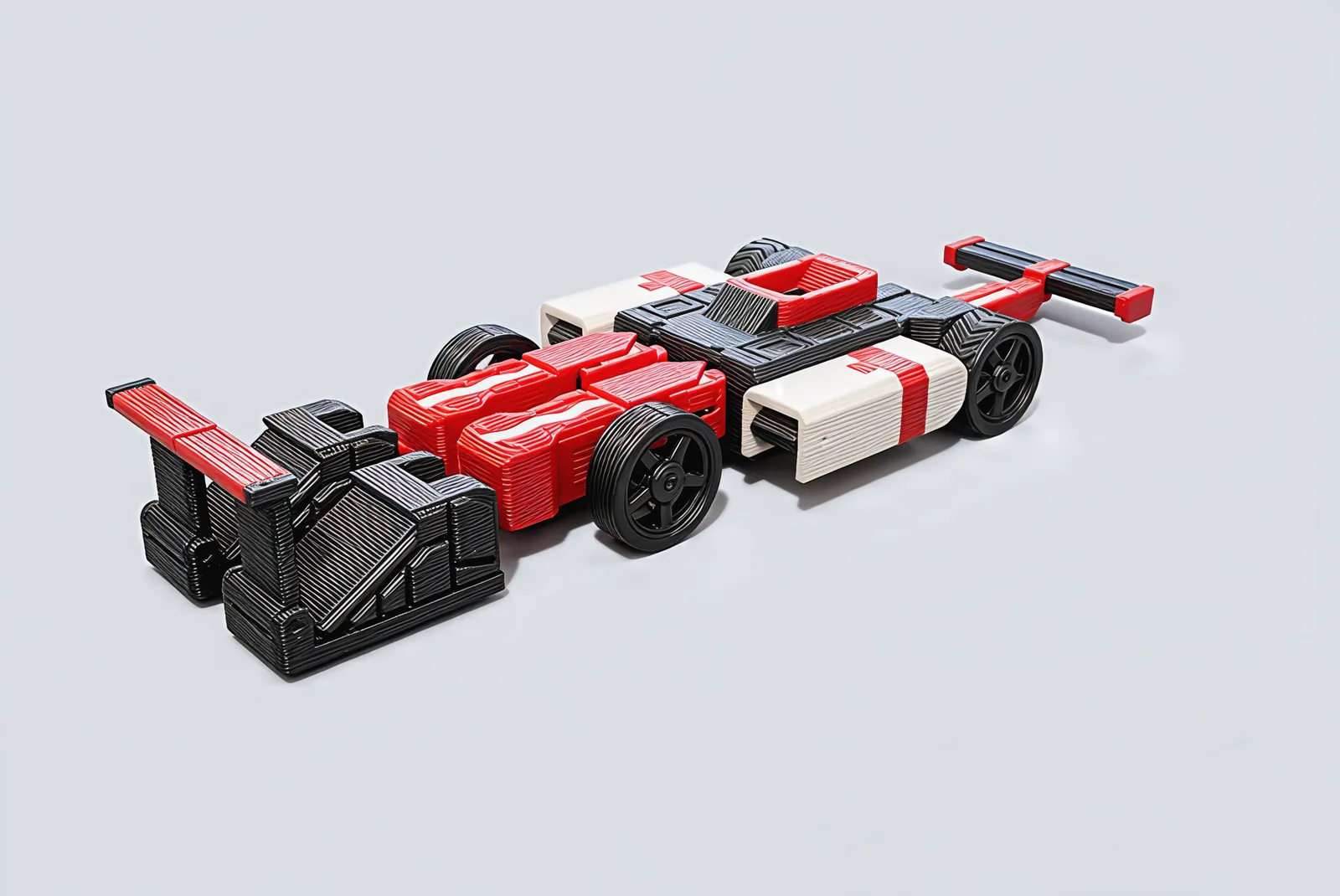 Racer Mecha in car mode from the rear quarter: black wedge boots under a red rear wing, red legs along the body, white sidepods with red bands, and spoked wheels.