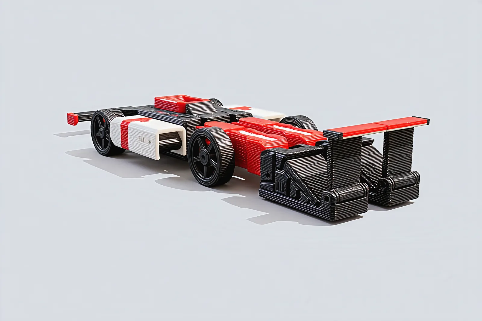 The same toy folded into an open-wheel race car, seen from the rear, its rear wing standing on the folded boots.