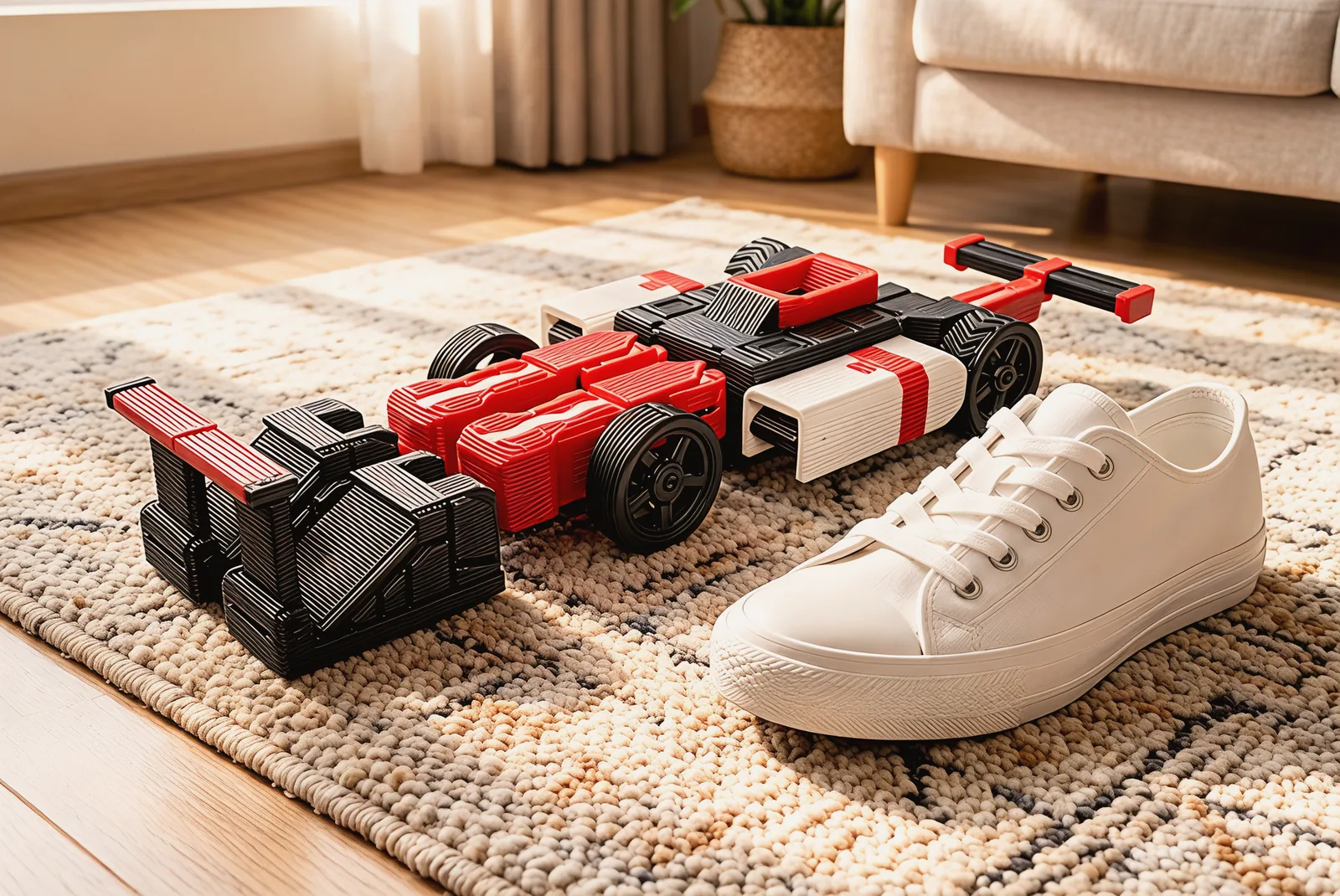 The car on a living-room rug beside a white canvas sneaker, a little longer than the shoe.