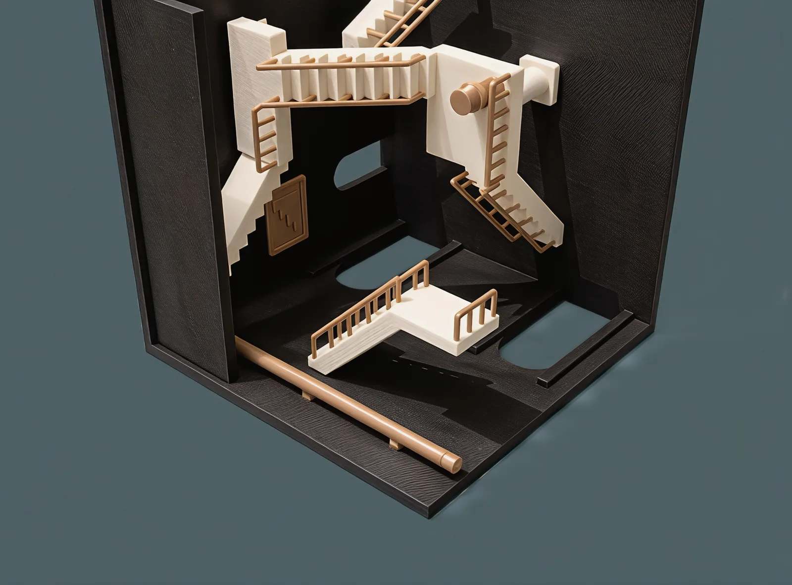 The room turned so that its left wall is at the bottom: the sideways flight now stands level with its railings upright, while the floor's stairs and column run sideways across the picture.
