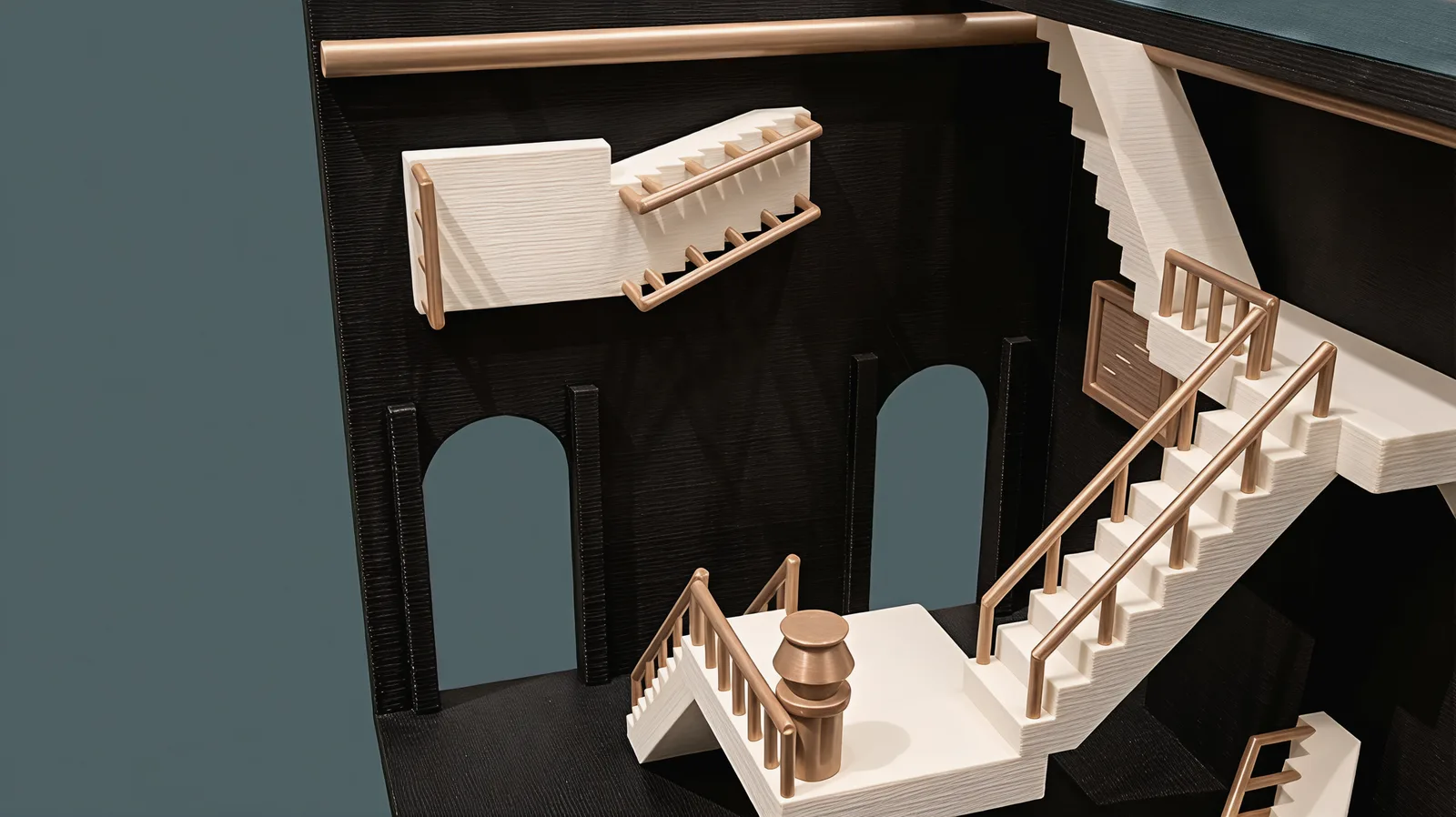 The left wall from inside the room: two arched openings between flat pilasters, a flight of stairs jutting sideways out of the wall above them, and the floor stairs and urn below.