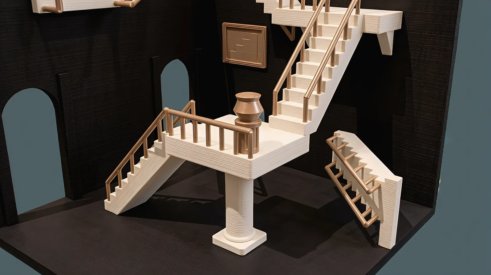The mid landing on its column with base and capital, a gold urn on a pedestal at its corner, a flight climbing from it toward the back wall and a framed picture on the wall behind.
