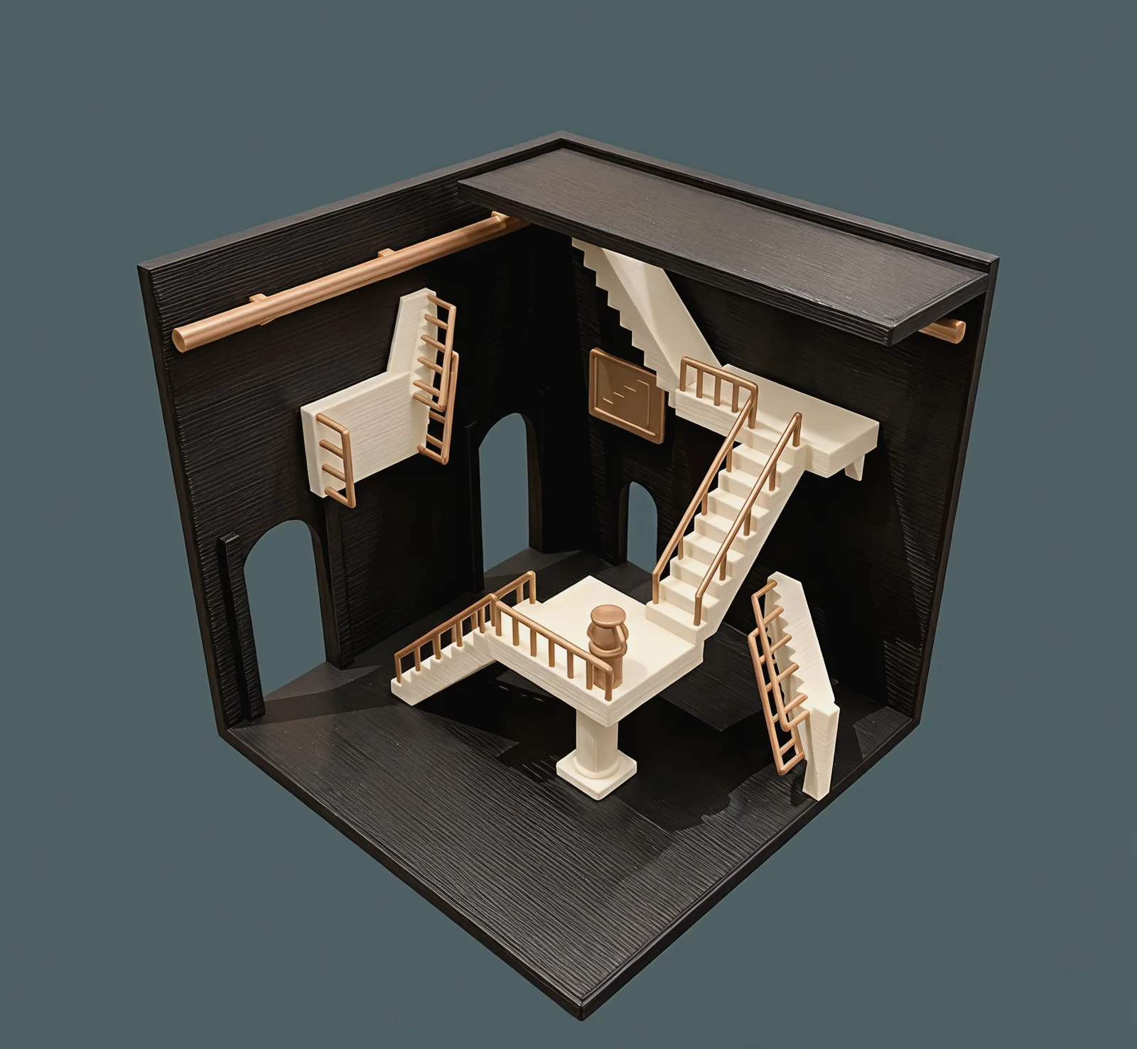 Relativity Stairs seen from above the open corner: a charcoal floor and two charcoal walls with arched openings, bone-white stairs rising from the floor to a landing on a column, one flight hanging from a ceiling strip and two more jutting sideways out of the walls, all with gold railings.