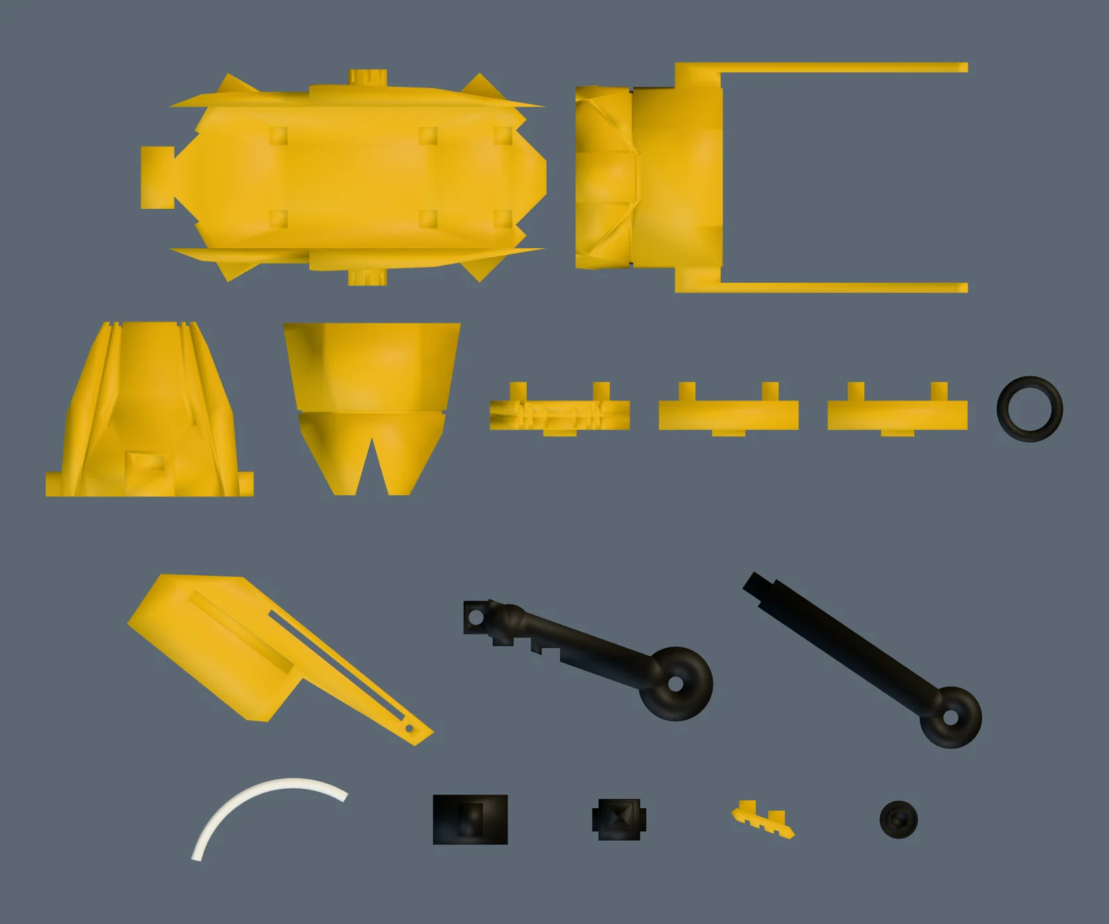 All sixteen shapes laid out flat and seen from directly overhead at true relative scale, the hull shapes grouped above a gap and the leg shapes below it