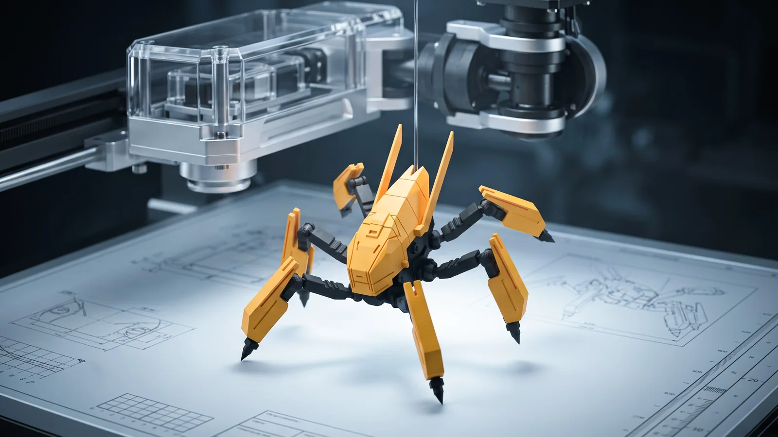 Rivet hanging from a single line above a drafting table spread with its own blueprints, a printer head behind it: a yellow six-legged machine with a long shelled hull, two raised antenna blades and near-black leg joints