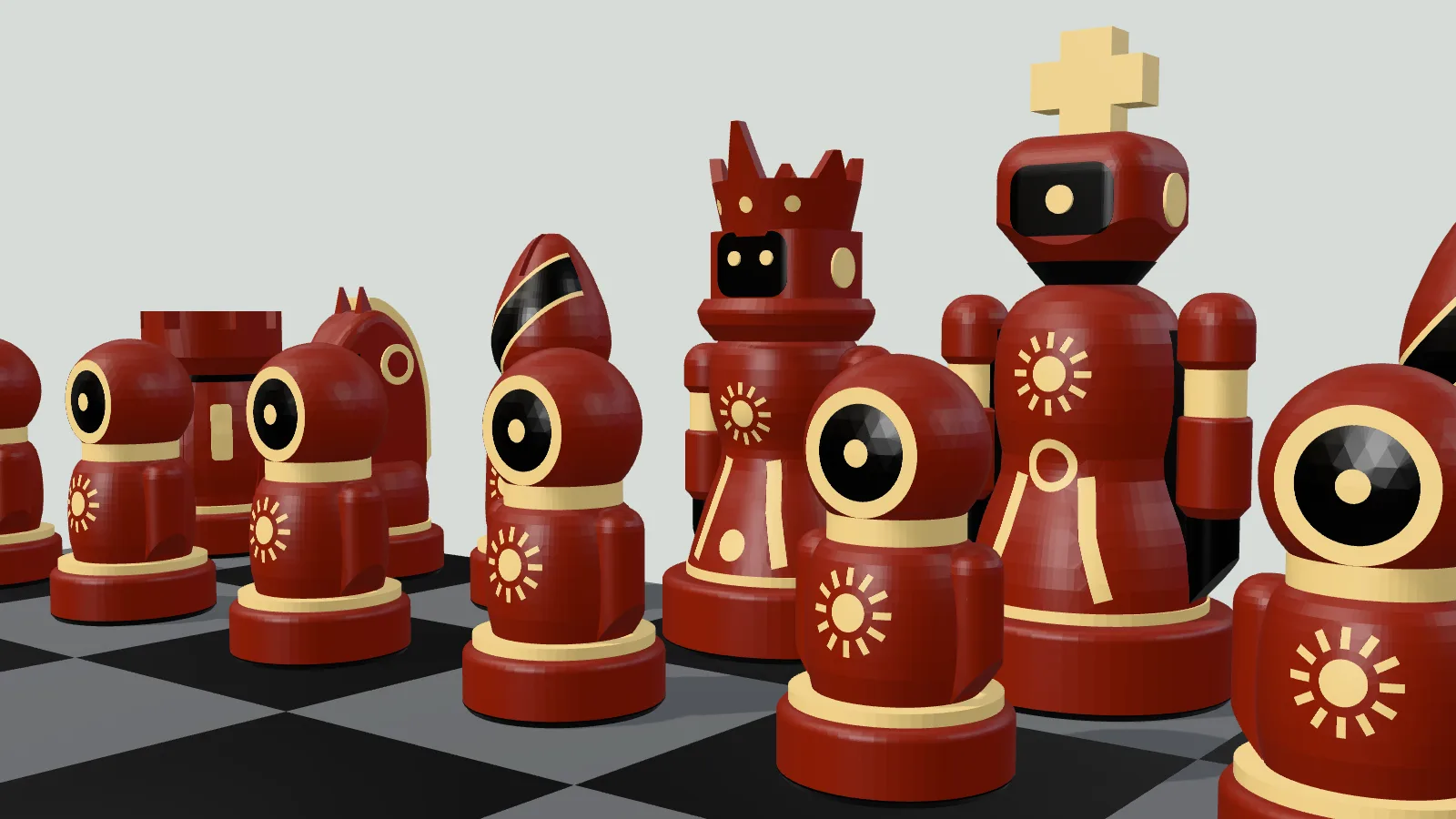 Low view across the board at the terracotta back rank: pawns with single round eyes in front, the queen and the king with dark visors behind.