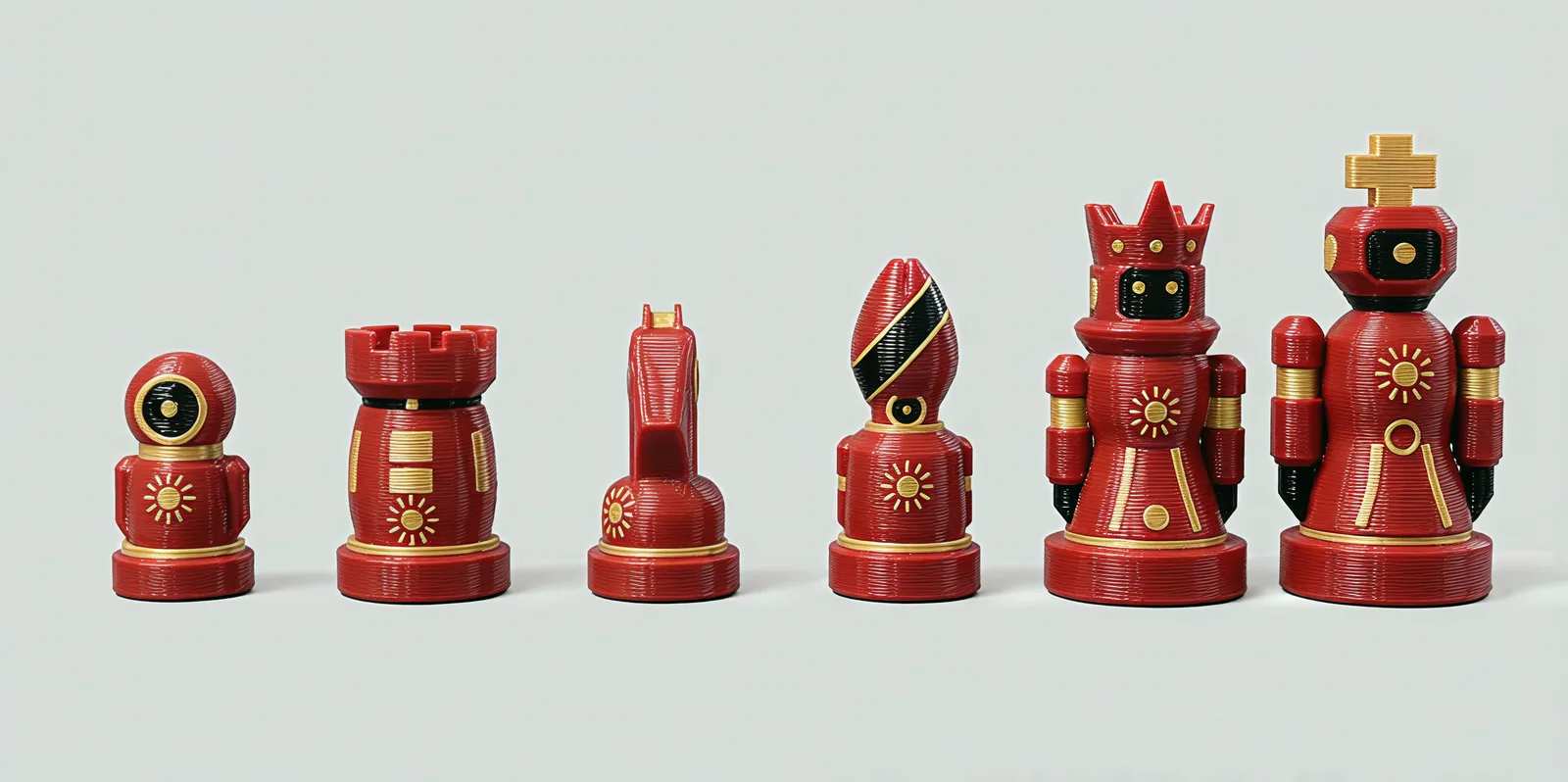 The six terracotta pieces in the same order, with light trim, sun emblems and black eyes and visors.