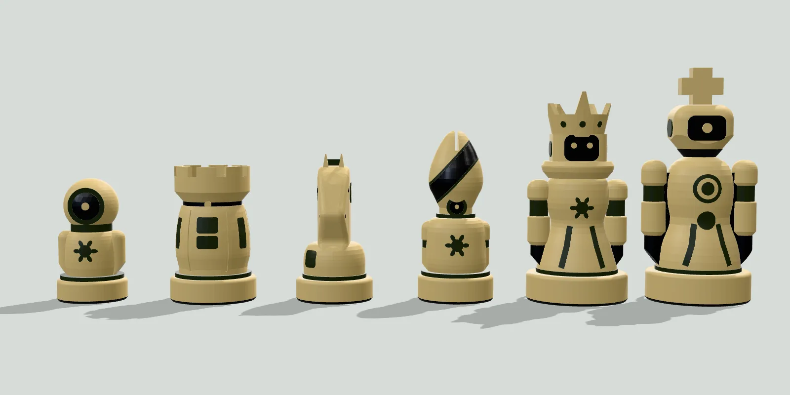 The six cream pieces in a row from the front: pawn, rook, knight in profile, bishop, queen with a crown, and king with a visor and cross, with six-petal badges and dark olive trim.