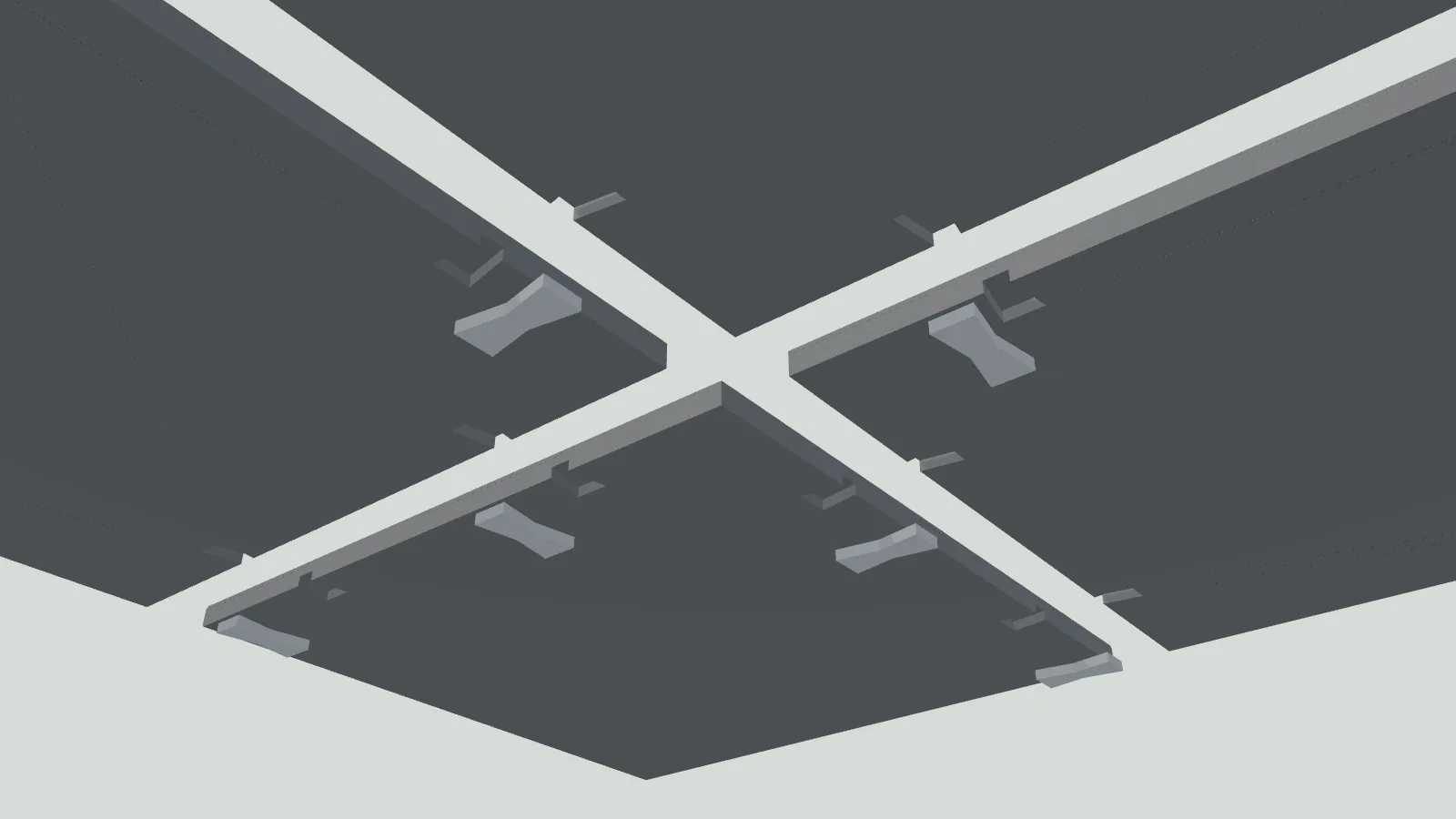 Diagram: the four board quarters pulled apart and seen from below, with the bow-tie keys floating under the dovetail pockets they fit into.