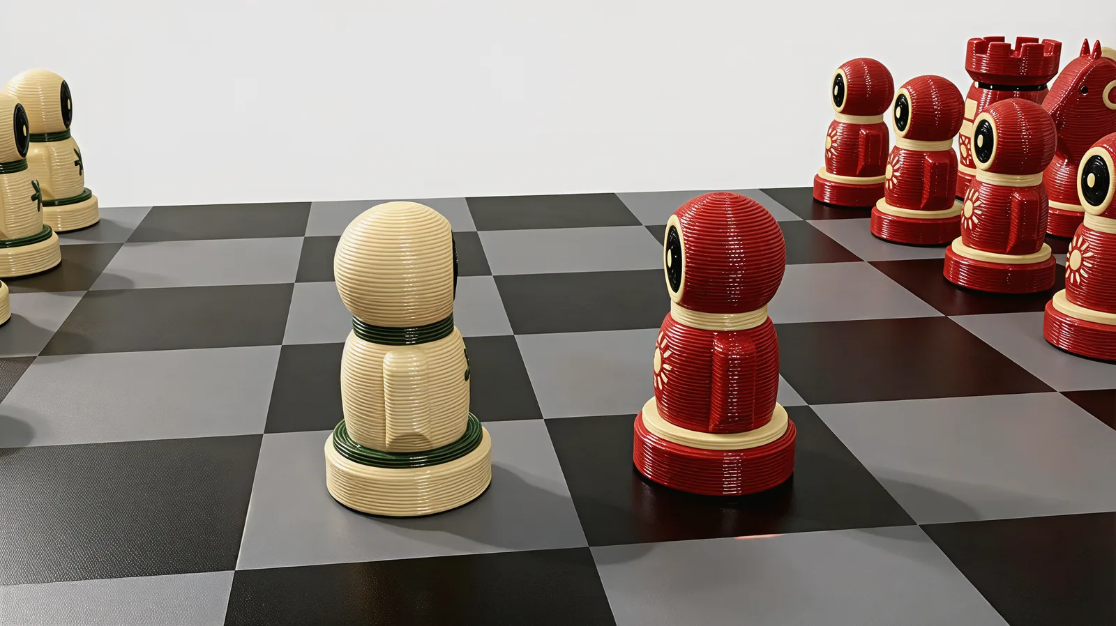 Two pawns facing each other in the middle of the board after the opening moves, cream seen from behind and terracotta face on.