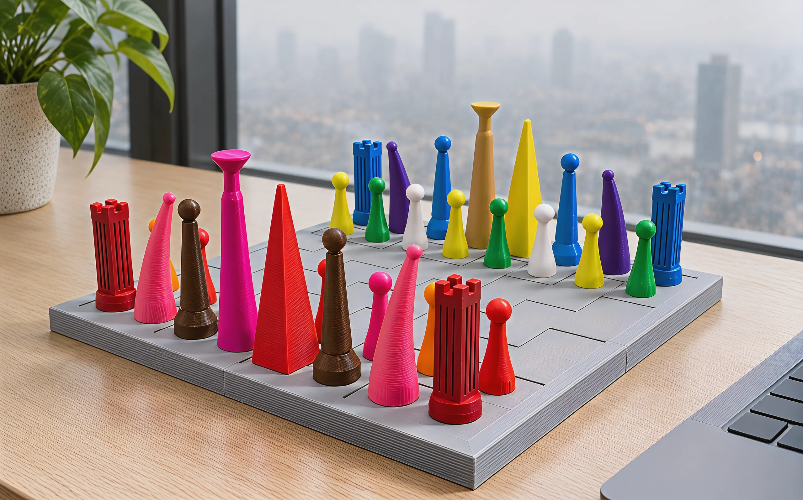 The set on an oak desk in front of a window, a hazy city outside, the warm side nearest