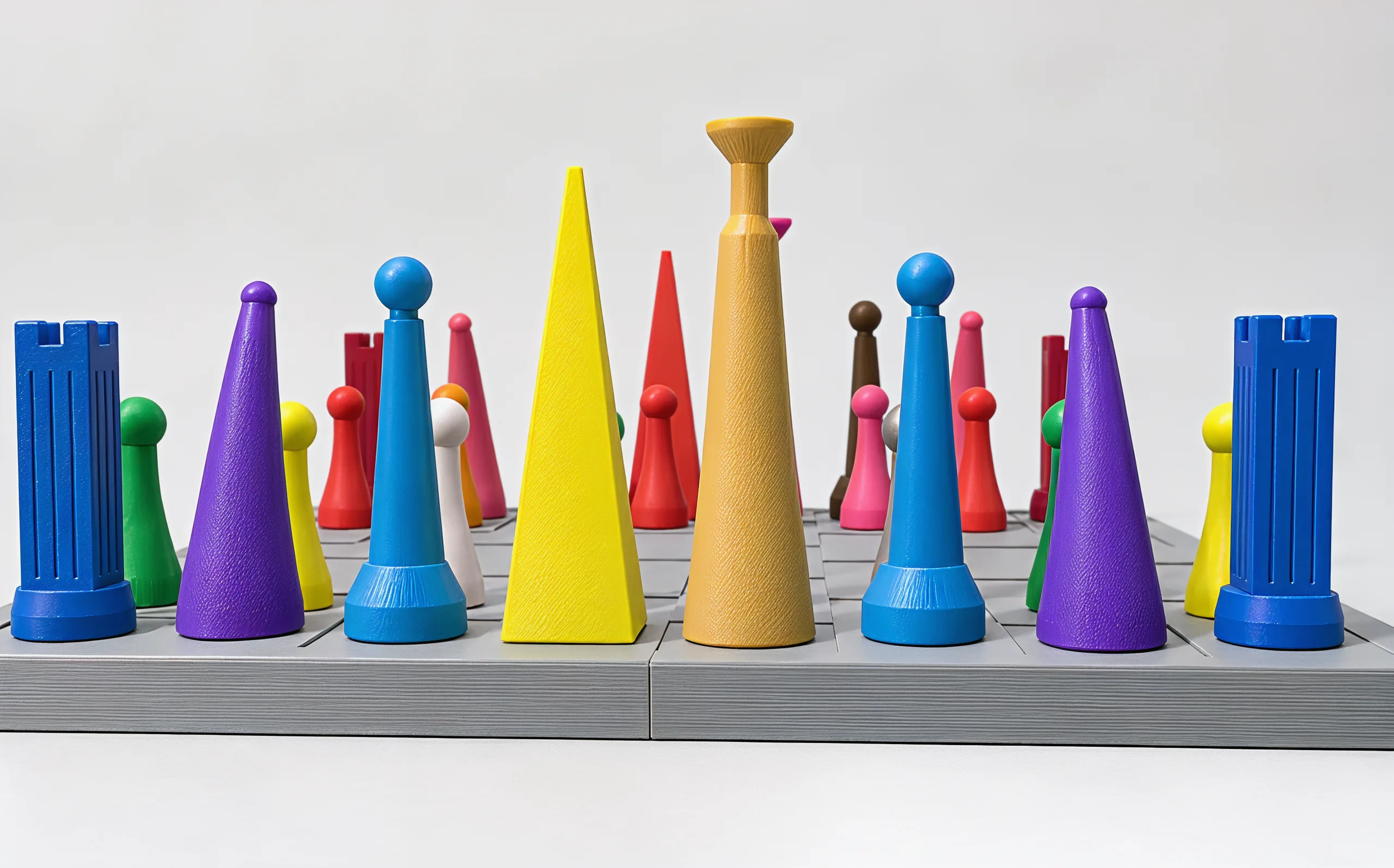 Eye level at the board's edge: the cool back rank rises in front, the warm pieces stand behind