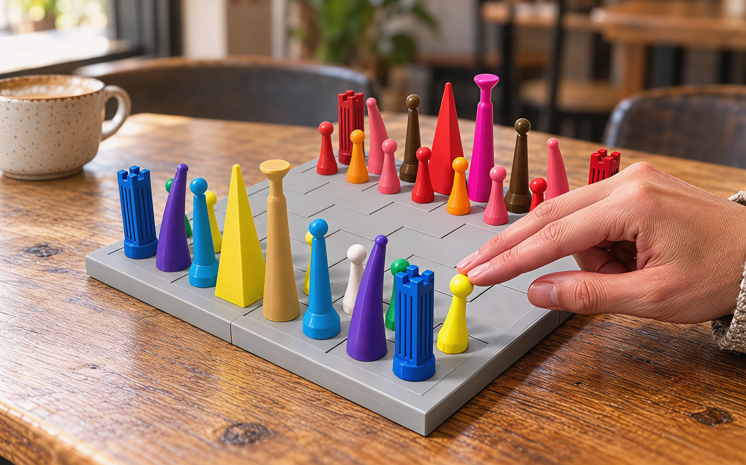 On a wooden café table beside a cup, a hand reaches in and rests two fingers on the yellow pawn at the front of the cool side