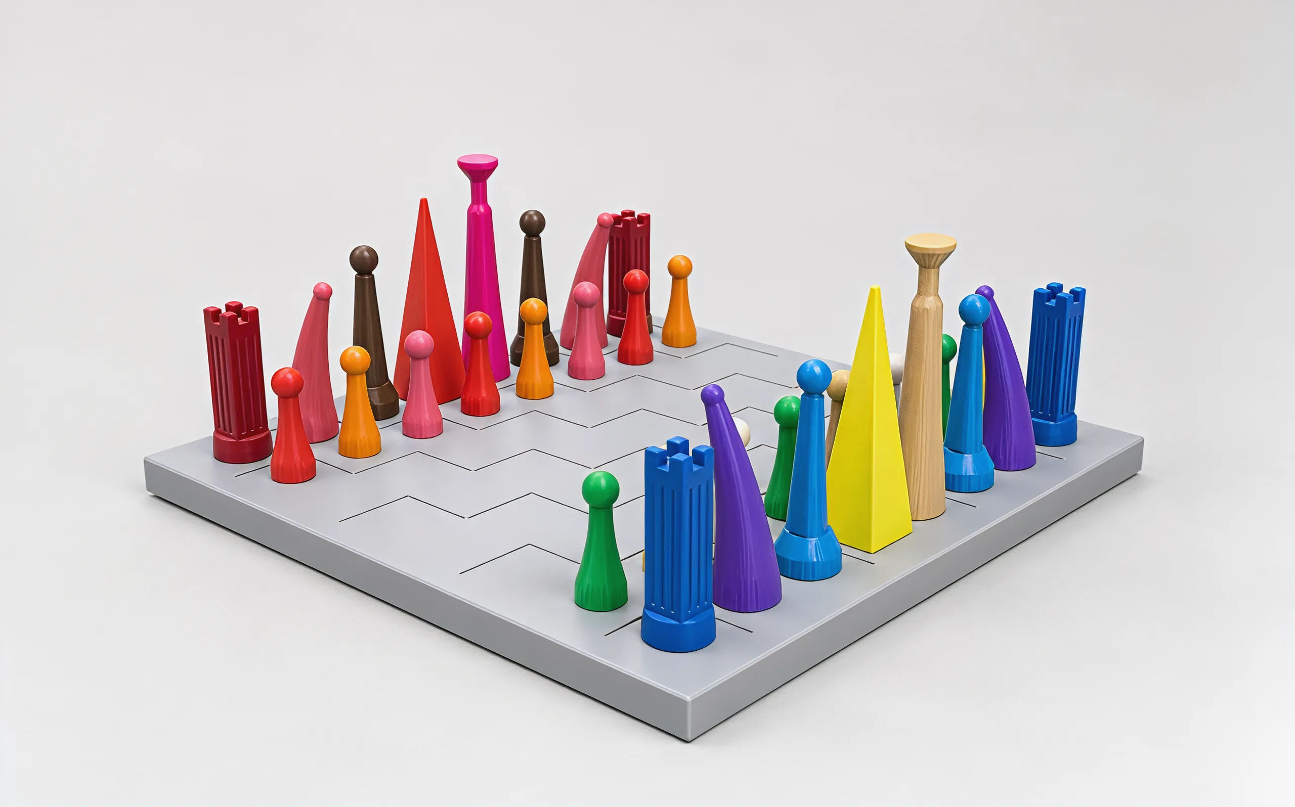 The whole set from one corner, the warm city on the left and the cool city on the right, lined up for a game