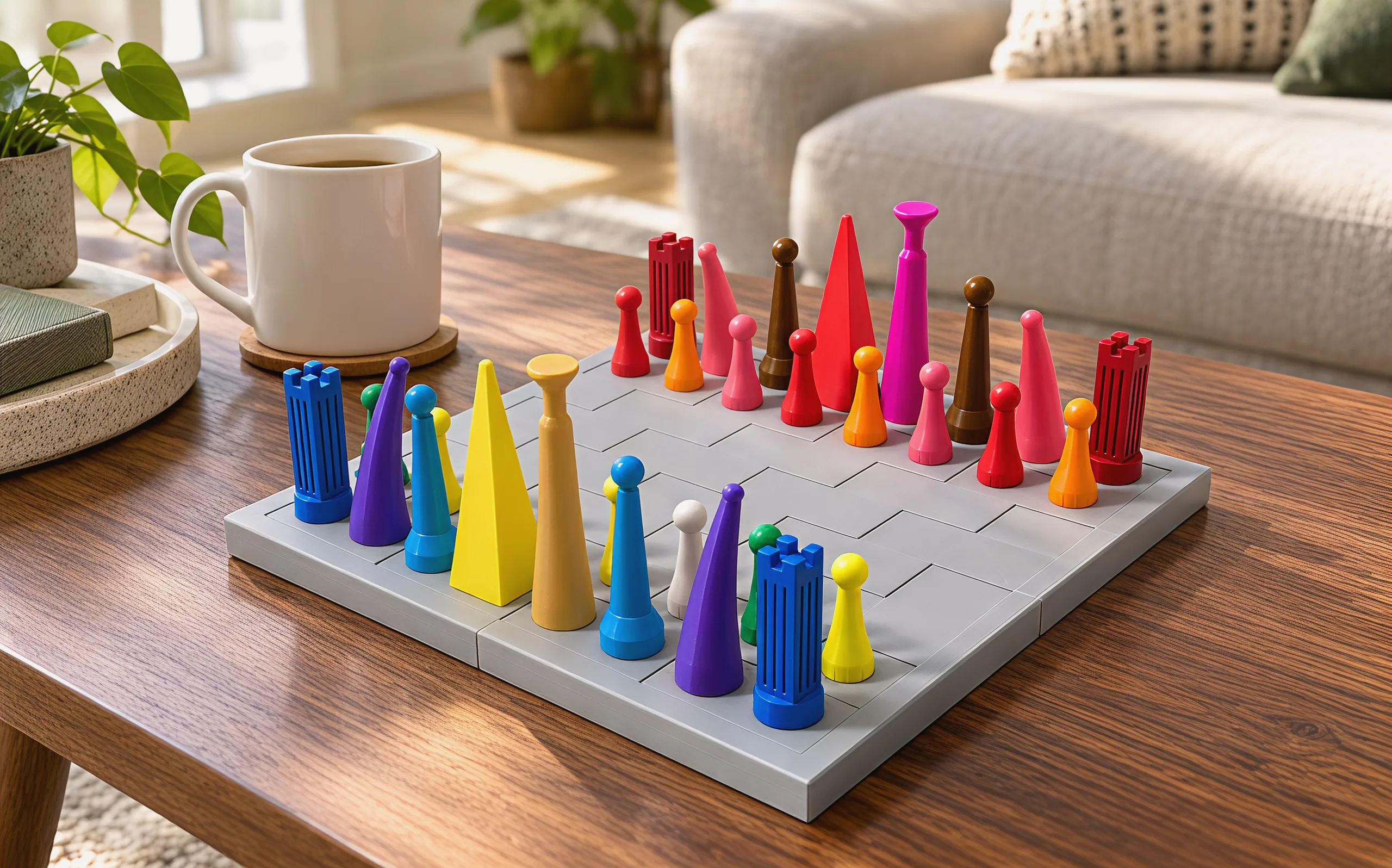 The chess set on a walnut coffee table beside a white mug, the cool side nearest, the warm side across the board
