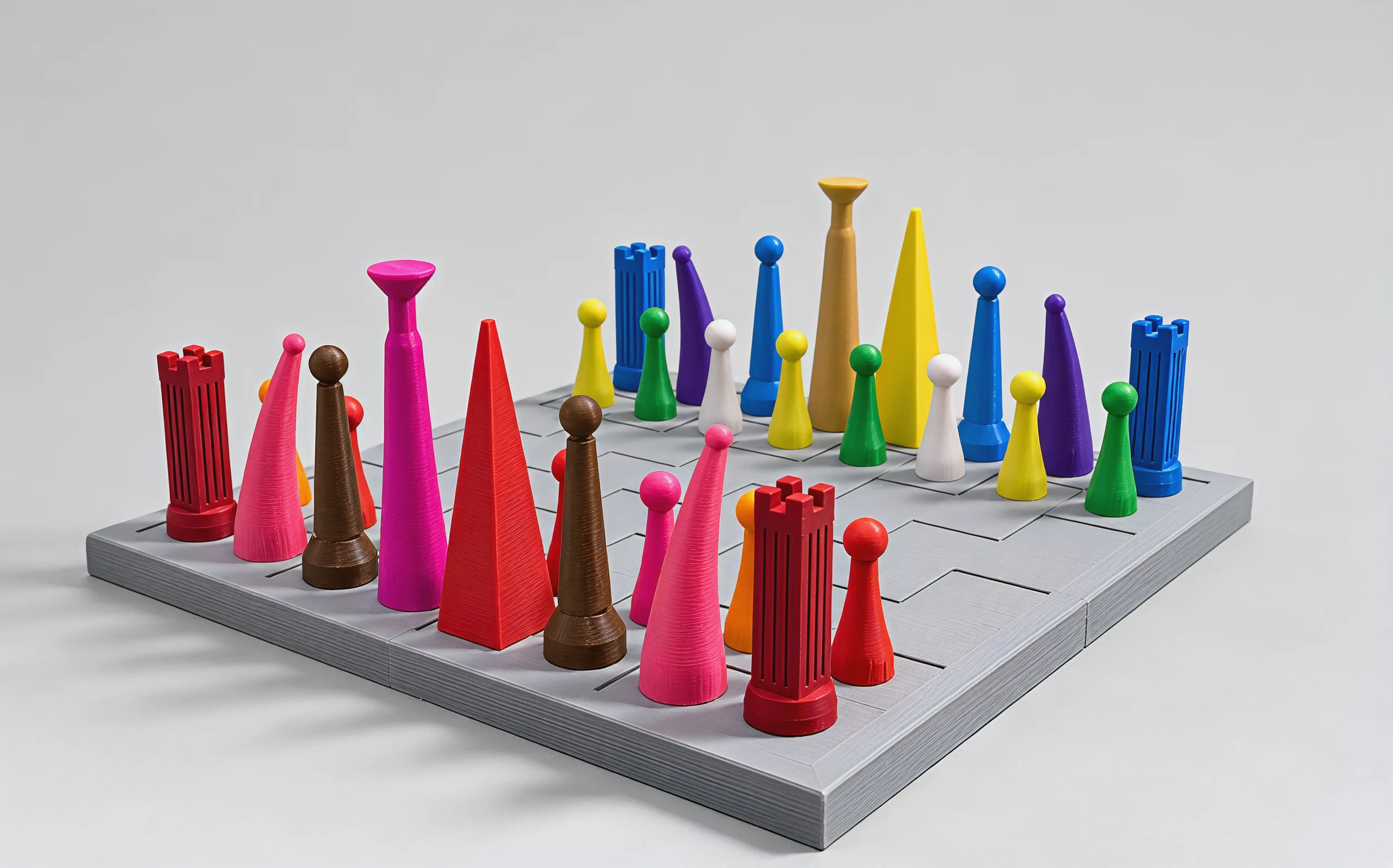 The warm side up close: crimson rooks, pink knights, brown bishops, a red pyramid queen and a magenta king