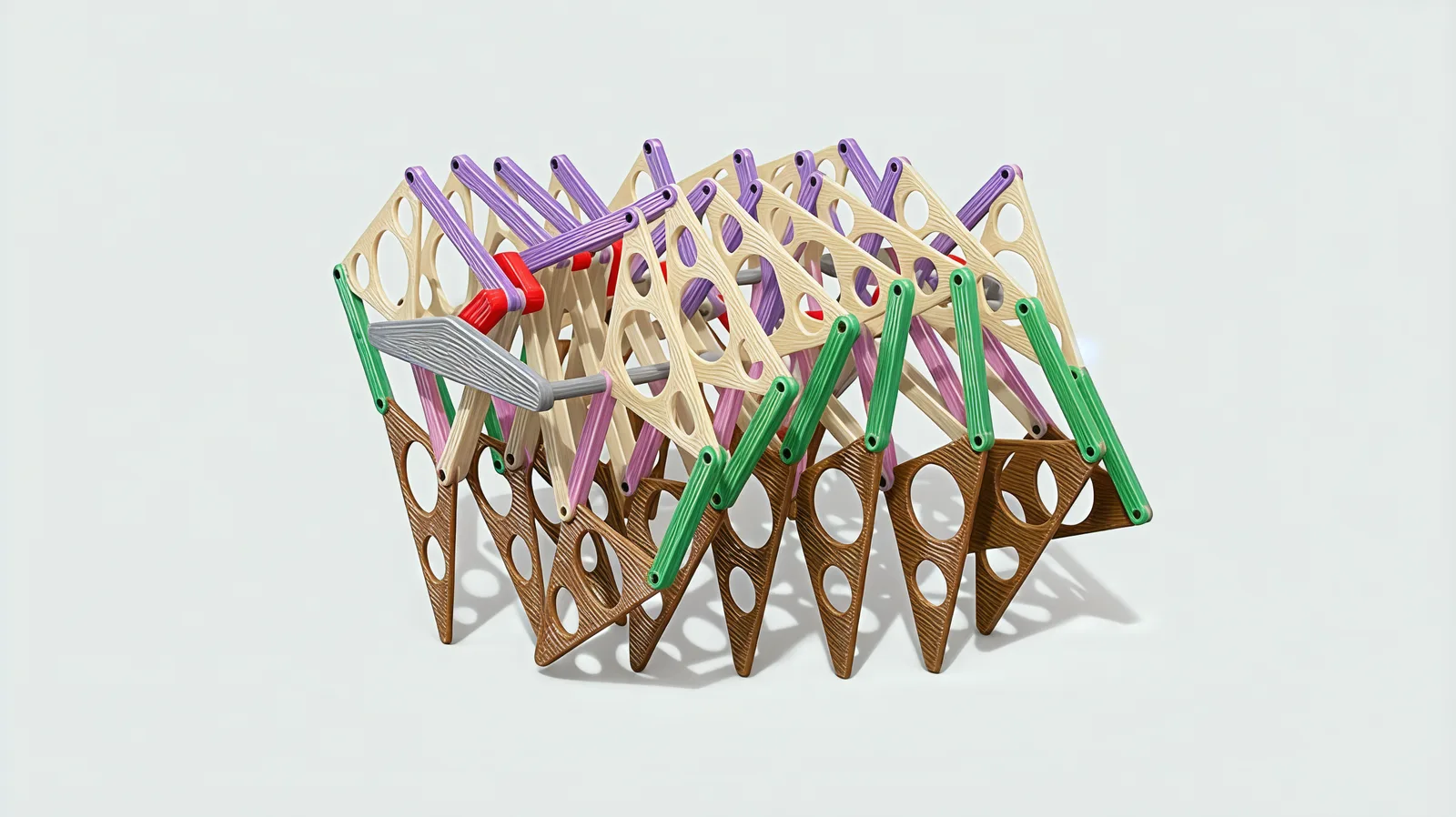 The Sandwalker seen from the front corner: sand-coloured upper triangles, violet and grey links, green and pink parallel bars, and brown triangular feet, with the red crankshaft running through the middle.