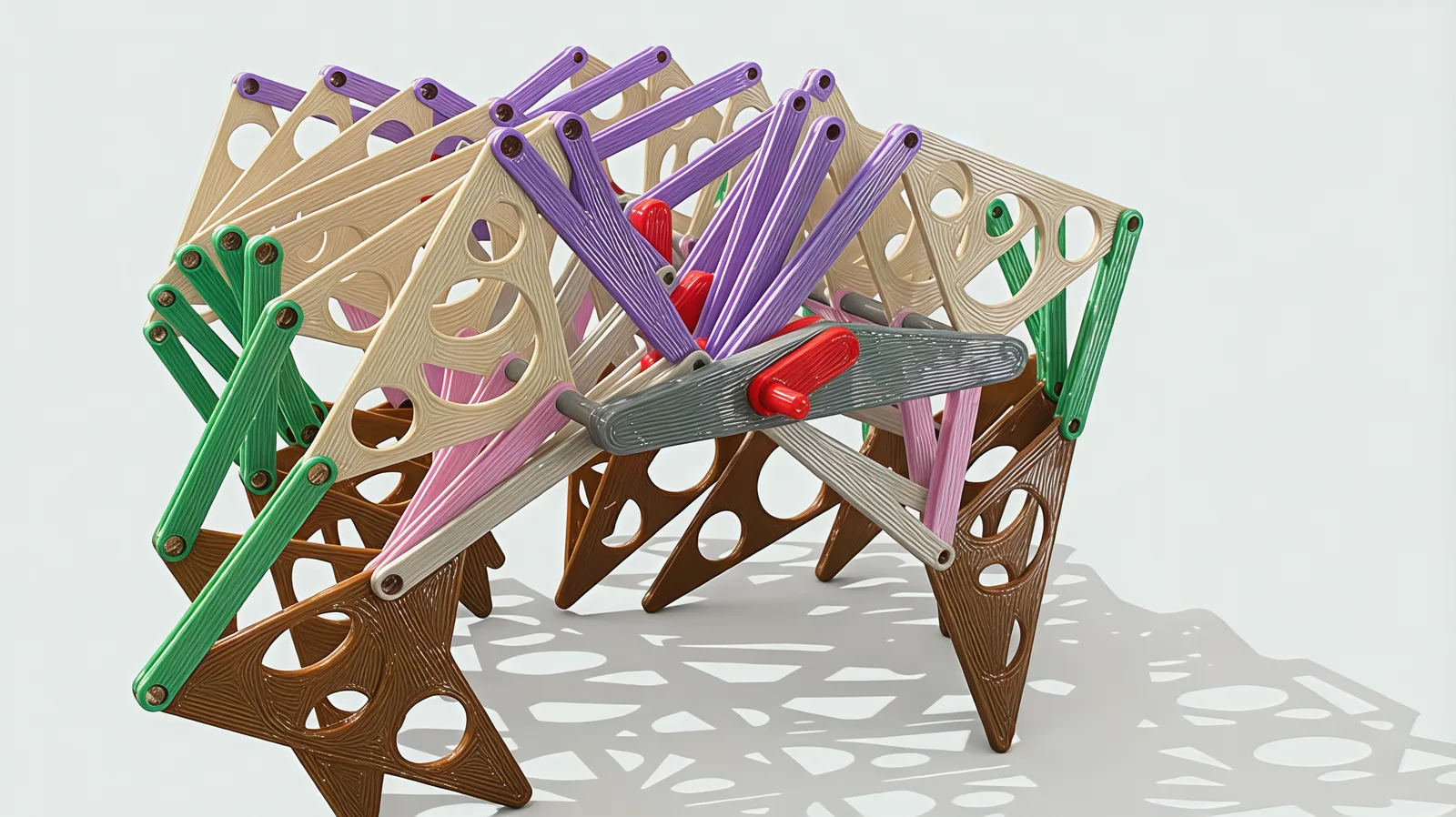 Close-up of the red crank handle on the grey end plate, with violet links, sand triangles and green bars around it.