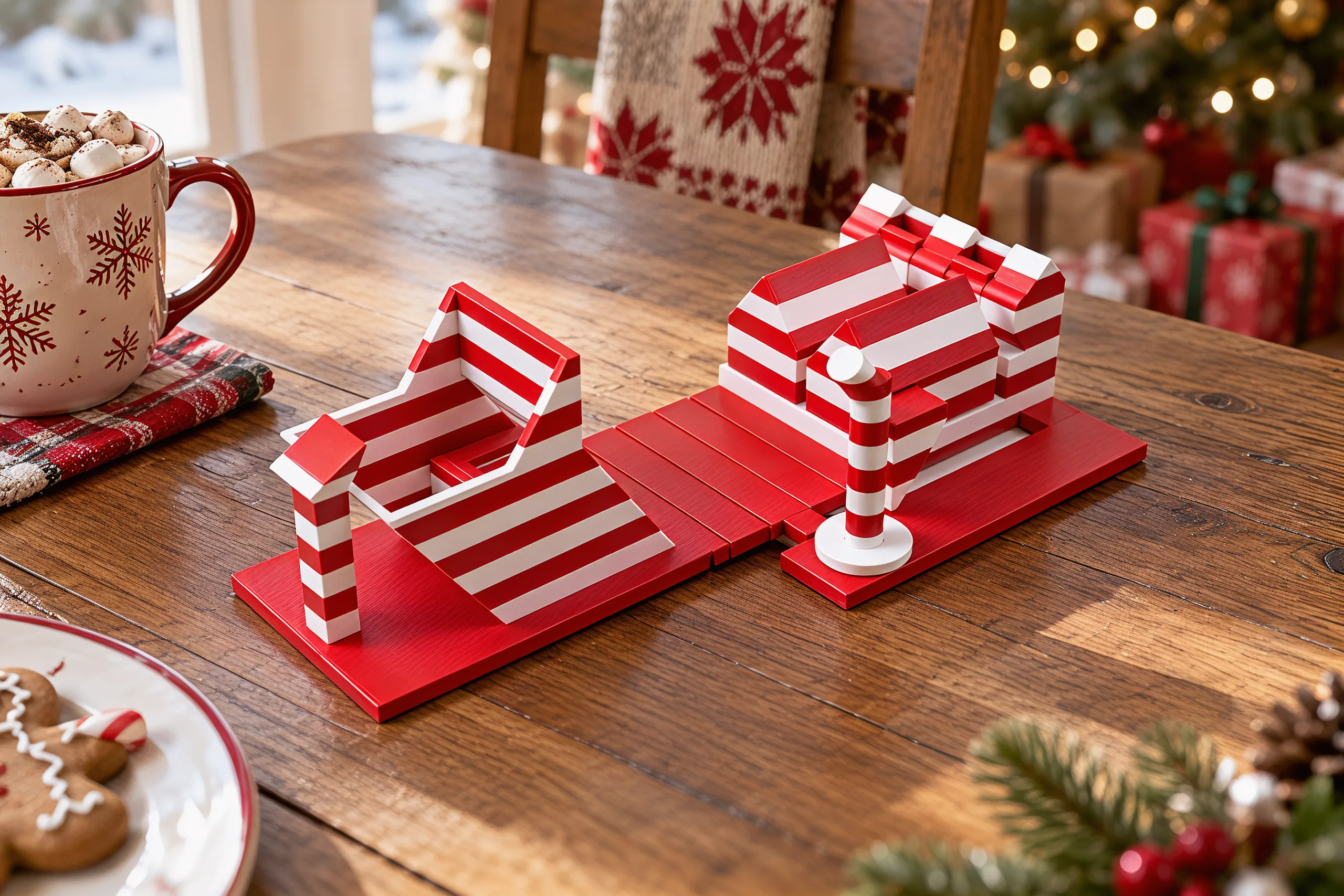 The toy on a wooden kitchen table on Christmas morning, roof down after a drop, beside a mug of cocoa with marshmallows