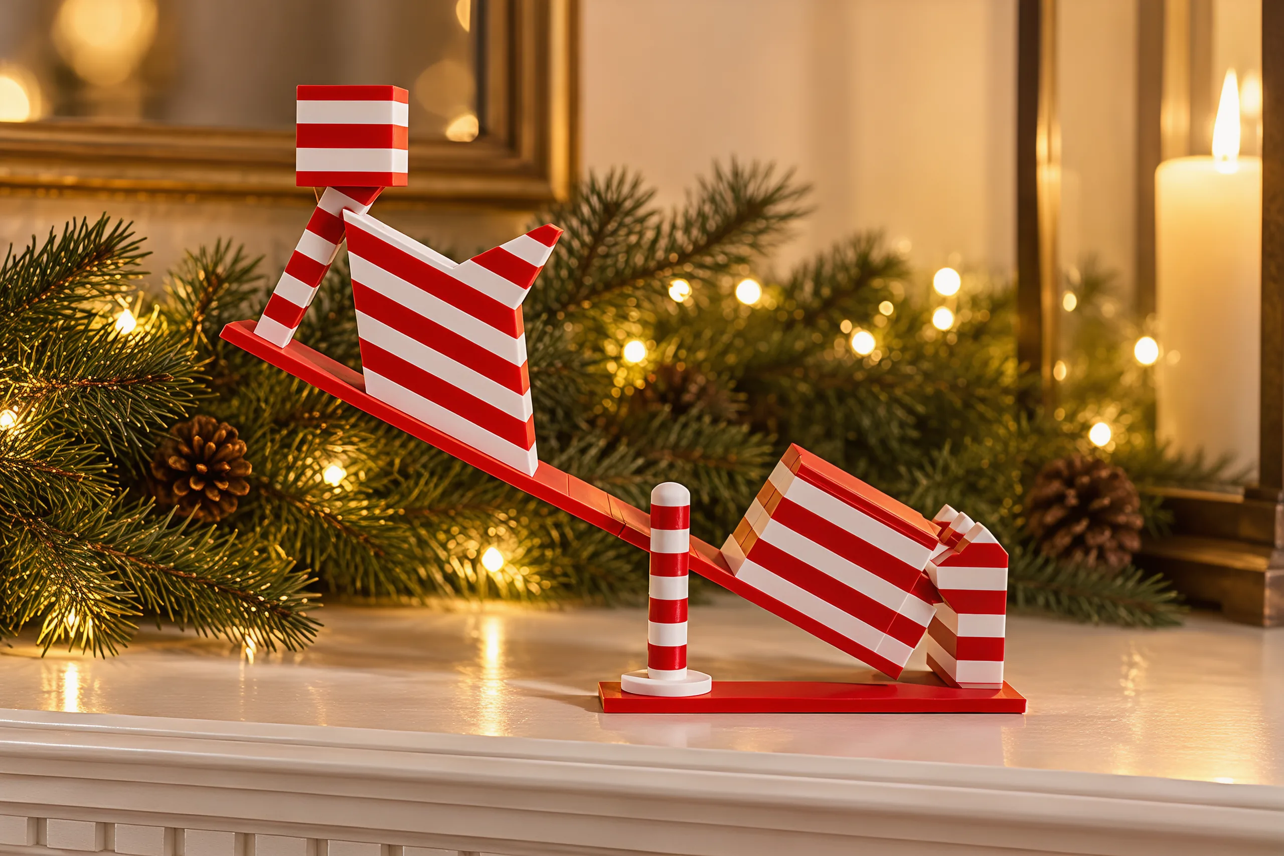 The toy on a mantel in the evening, a pine garland and warm lights blurred behind it